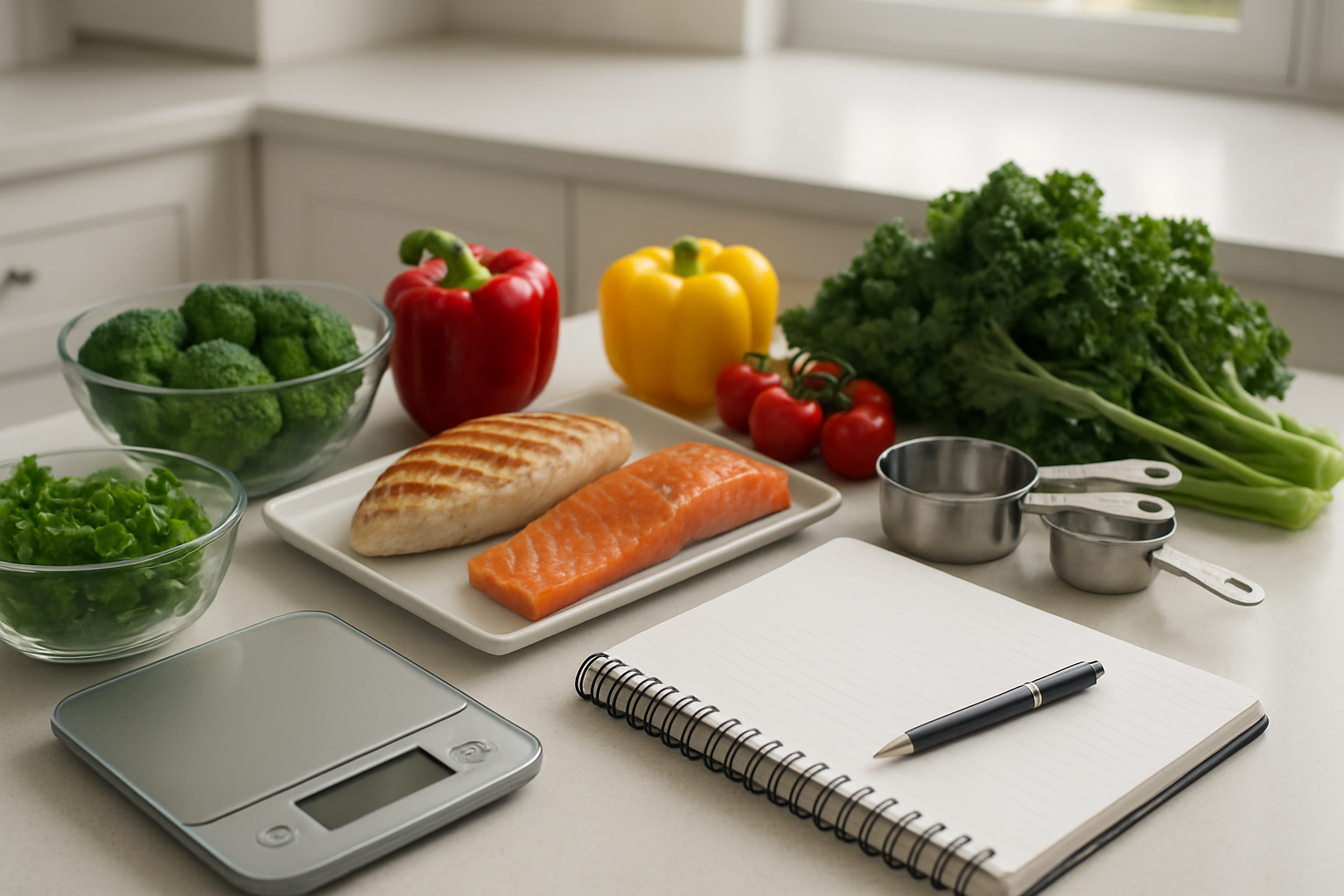 Create a realistic image of a clean, modern kitchen counter with fresh healthy ingredients arranged for meal planning including colorful vegetables like broccoli, bell peppers, leafy greens, lean proteins like grilled chicken breast and salmon, measuring cups, a food scale, and a nutrition planning notebook with a pen, all arranged in an organized manner with soft natural lighting from a nearby window, creating a focused and purposeful atmosphere for strategic nutrition planning. Absolutely NO text should be in the scene.