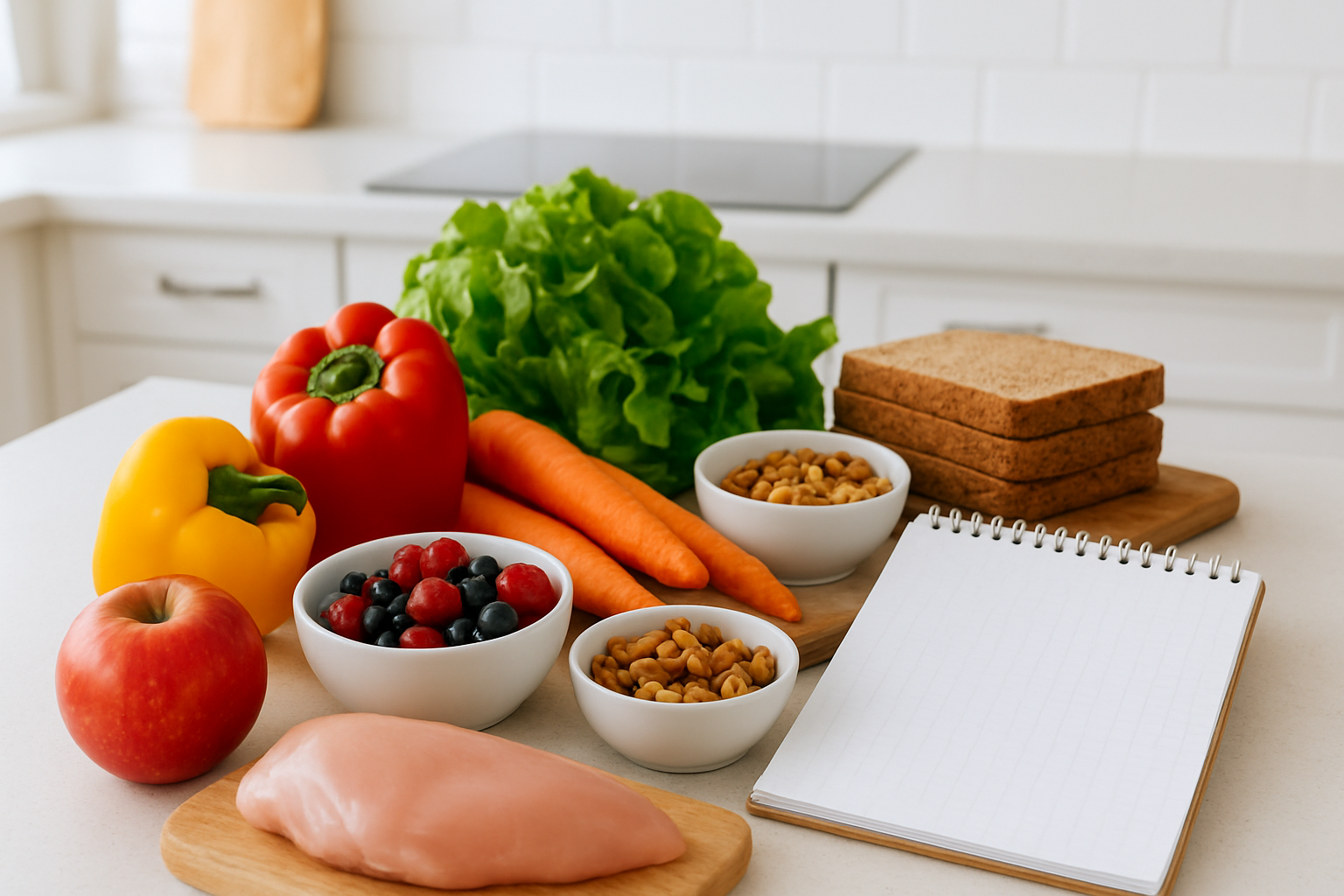 Create a realistic image of a clean, well-organized kitchen counter with fresh ingredients and healthy snacks arranged for meal preparation, featuring colorful vegetables like bell peppers, carrots, and leafy greens, fresh fruits including berries and apples, nuts in small bowls, whole grain bread, lean proteins, and a notepad with a simple meal planning layout, all set against a bright, naturally lit kitchen background with white countertops and wooden cutting boards, conveying an organized and health-conscious cooking environment, absolutely NO text should be in the scene.