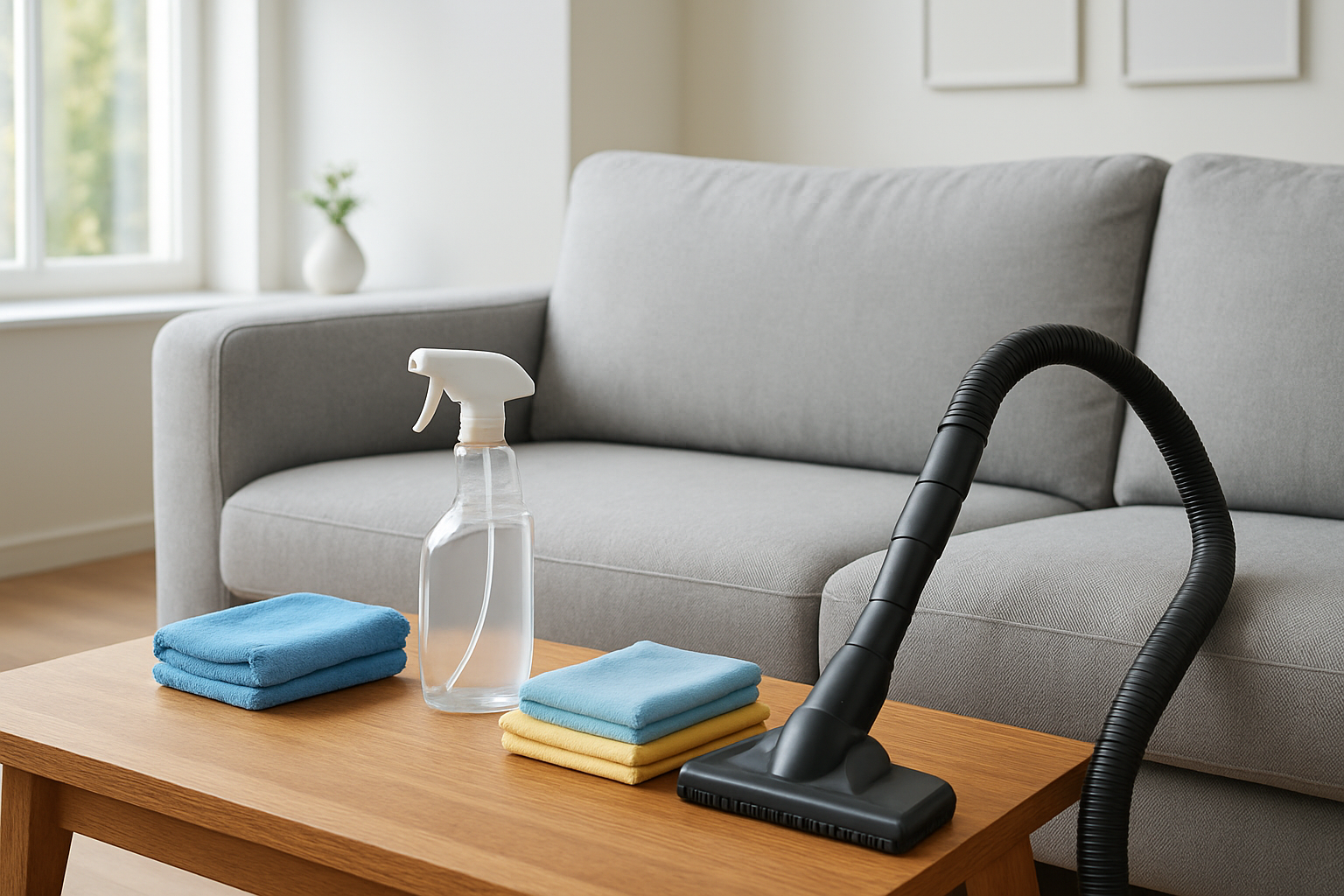 Create a realistic image of a pristine modern sofa in light gray fabric being carefully cleaned and maintained, showing cleaning supplies like microfiber cloths, fabric protector spray, and a vacuum cleaner with upholstery attachment nearby on a wooden coffee table, set in a bright contemporary living room with natural lighting from large windows, white walls, and minimalist decor, emphasizing the care and maintenance aspect of furniture preservation, absolutely NO text should be in the scene.