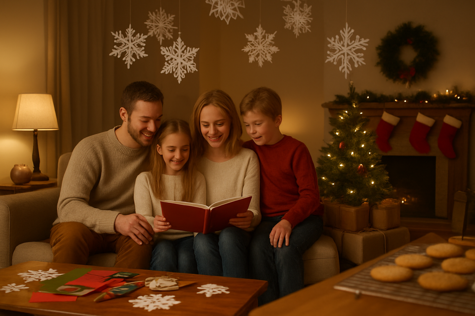 Create a realistic image of a cozy living room scene during Christmas time with a white family of four - two parents and two children aged 6-12 - sitting together on a comfortable sofa, surrounded by handmade paper snowflake decorations hanging from the ceiling, DIY pinecone ornaments on a modest Christmas tree, homemade cookies cooling on a nearby kitchen counter, craft supplies scattered on a coffee table including scissors and colored paper, warm golden lighting from table lamps creating a intimate atmosphere, wrapped presents under the tree made with brown paper and twine, stockings hanging on a fireplace mantel, and a piggy bank visible on a side table, capturing the essence of budget-friendly family togetherness and homemade Christmas joy, absolutely NO text should be in the scene.