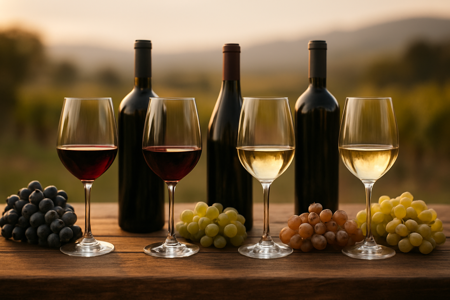 Create a realistic image of an elegant wine tasting comparison setup featuring multiple wine glasses filled with different varieties of red and white wines arranged on a rustic wooden table, with wine bottles from both Sonoma and Napa regions displayed behind the glasses, surrounded by fresh grape clusters in various colors including deep purple, light green, and golden varieties, set against a soft-focused vineyard landscape background with rolling hills, warm golden hour lighting creating a sophisticated and inviting atmosphere for wine evaluation, absolutely NO text should be in the scene.