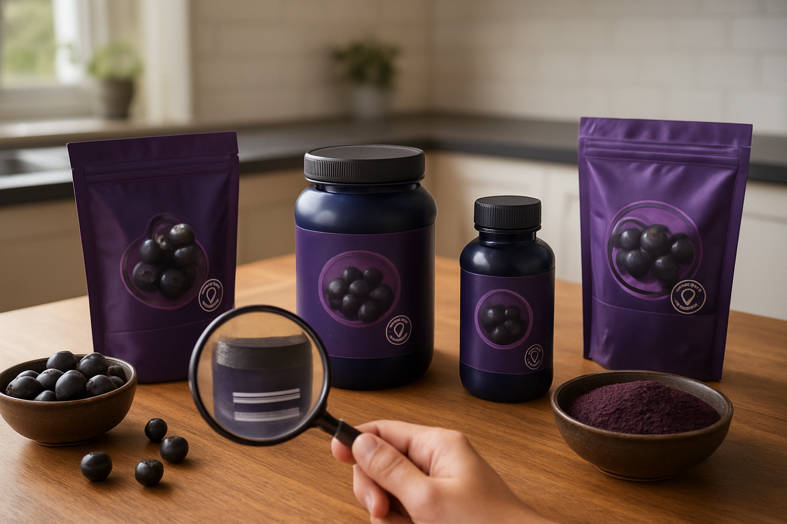Create a realistic image of a shopping scene focused on acai berry products with various acai supplements, powders, and frozen acai packets arranged on a wooden table, magnifying glass examining product labels, fresh acai berries in small bowls for comparison, quality certification badges visible on packaging, warm natural lighting from a window, clean modern kitchen background with subtle purple and deep blue color scheme, absolutely NO text should be in the scene.