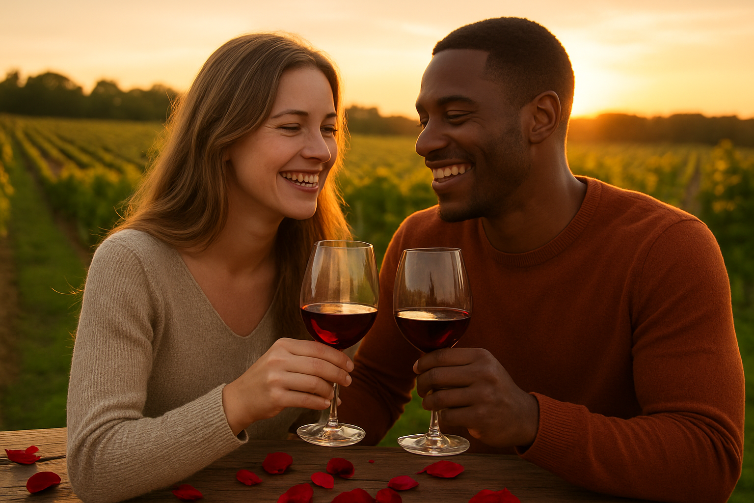 Create a realistic image of a romantic couple sharing experiential moments together, featuring a white female and black male enjoying a wine tasting at a vineyard during golden hour, with wine glasses in hand, vineyard rows in the background, warm sunset lighting creating an intimate atmosphere, complemented by subtle Valentine's elements like rose petals scattered on a wooden table, conveying joy and connection through shared experiences, absolutely NO text should be in the scene.