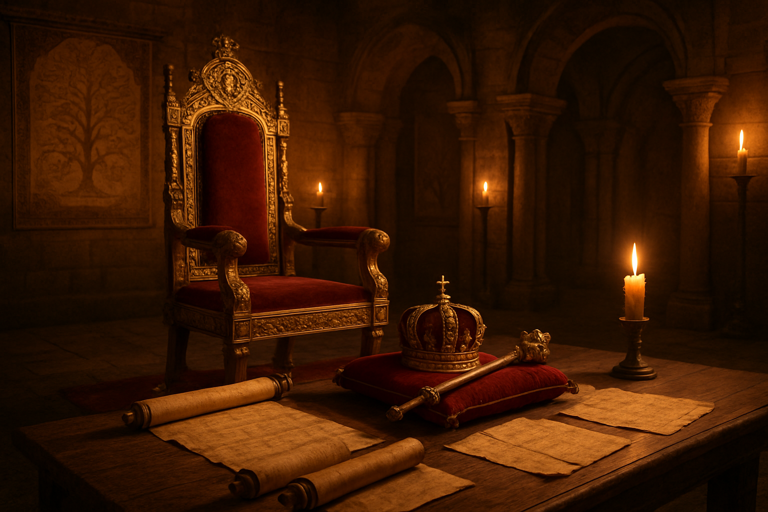 Create a realistic image of an ancient Middle Eastern royal throne room with ornate golden throne, royal crown and scepter placed on velvet cushions, ancient Hebrew scrolls and parchments spread on a wooden table, flickering candlelight casting warm shadows on stone walls adorned with tapestries depicting genealogical trees, background showing arched doorways and columns in biblical-era architecture, solemn and reverent atmosphere with golden and amber lighting. Absolutely NO text should be in the scene.