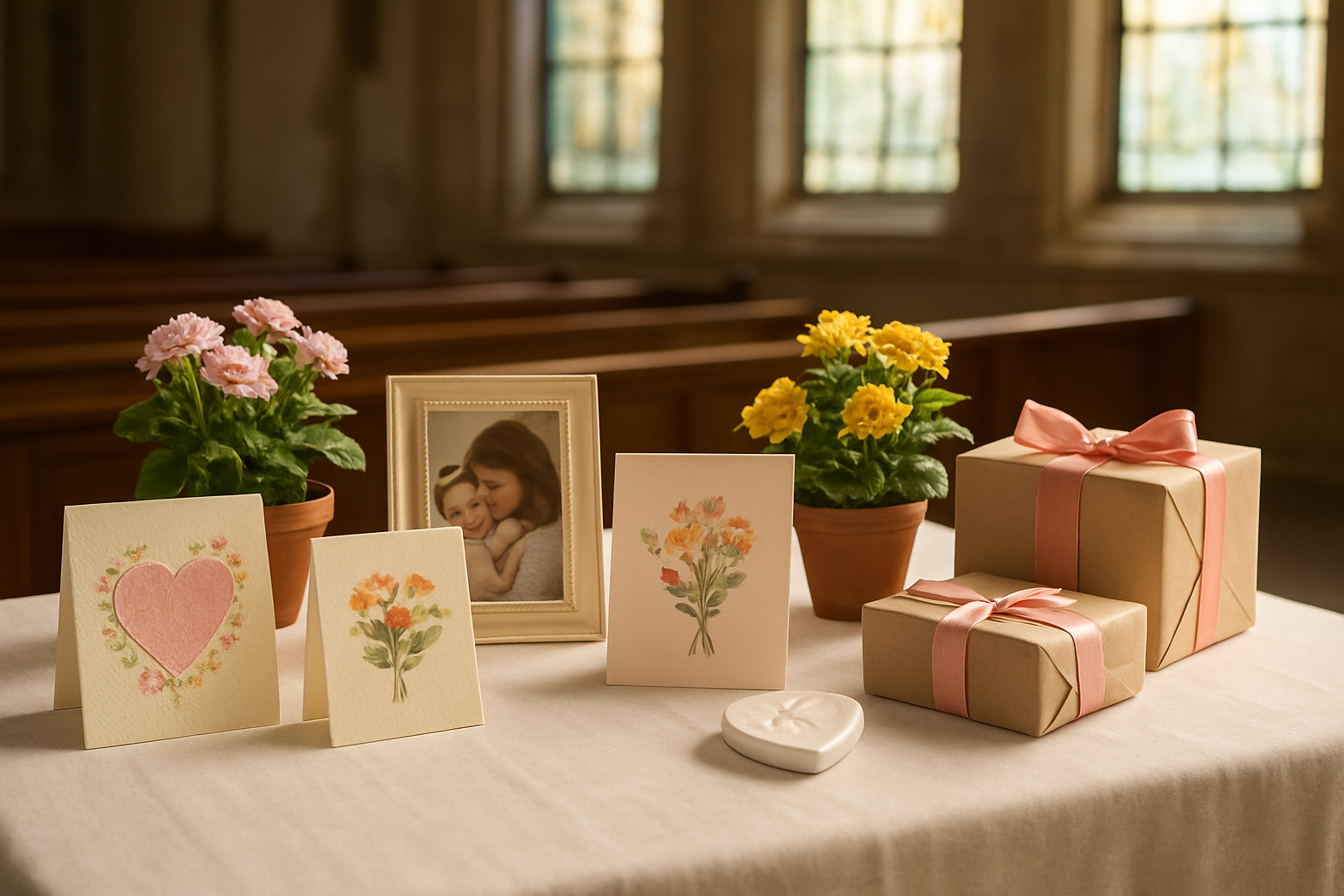 Create a realistic image of a church sanctuary table beautifully arranged with thoughtful Mother's Day gifts and keepsakes including handmade cards, small potted flowering plants, decorative photo frames, wrapped gift boxes with ribbons, and small ceramic keepsakes, all displayed on a white tablecloth with soft natural lighting streaming through stained glass windows in the background, creating a warm and reverent atmosphere. Absolutely NO text should be in the scene.