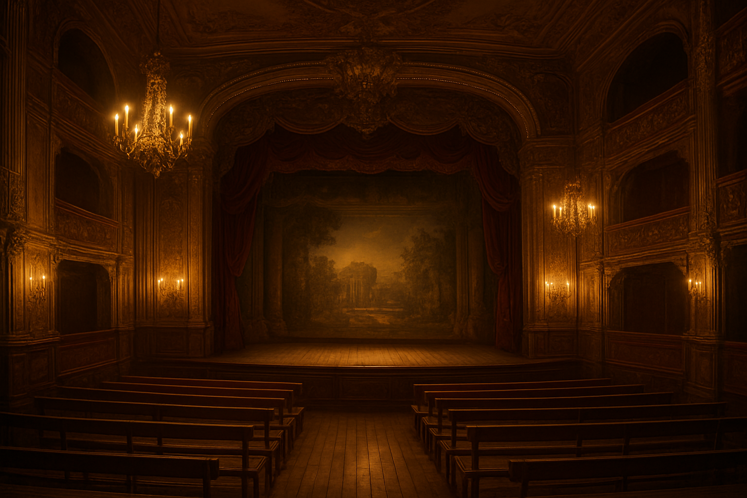 Create a realistic image of a 17th century French theater interior with ornate baroque architecture, showing an elegant stage with painted backdrop scenery, wooden floorboards, and decorative curtains, warm golden lighting from period chandeliers and candles creating dramatic shadows, empty wooden benches for the audience arranged in front of the stage, rich red and gold color scheme typical of classical French theaters, atmospheric mood suggesting anticipation before a dramatic performance, absolutely NO text should be in the scene.
