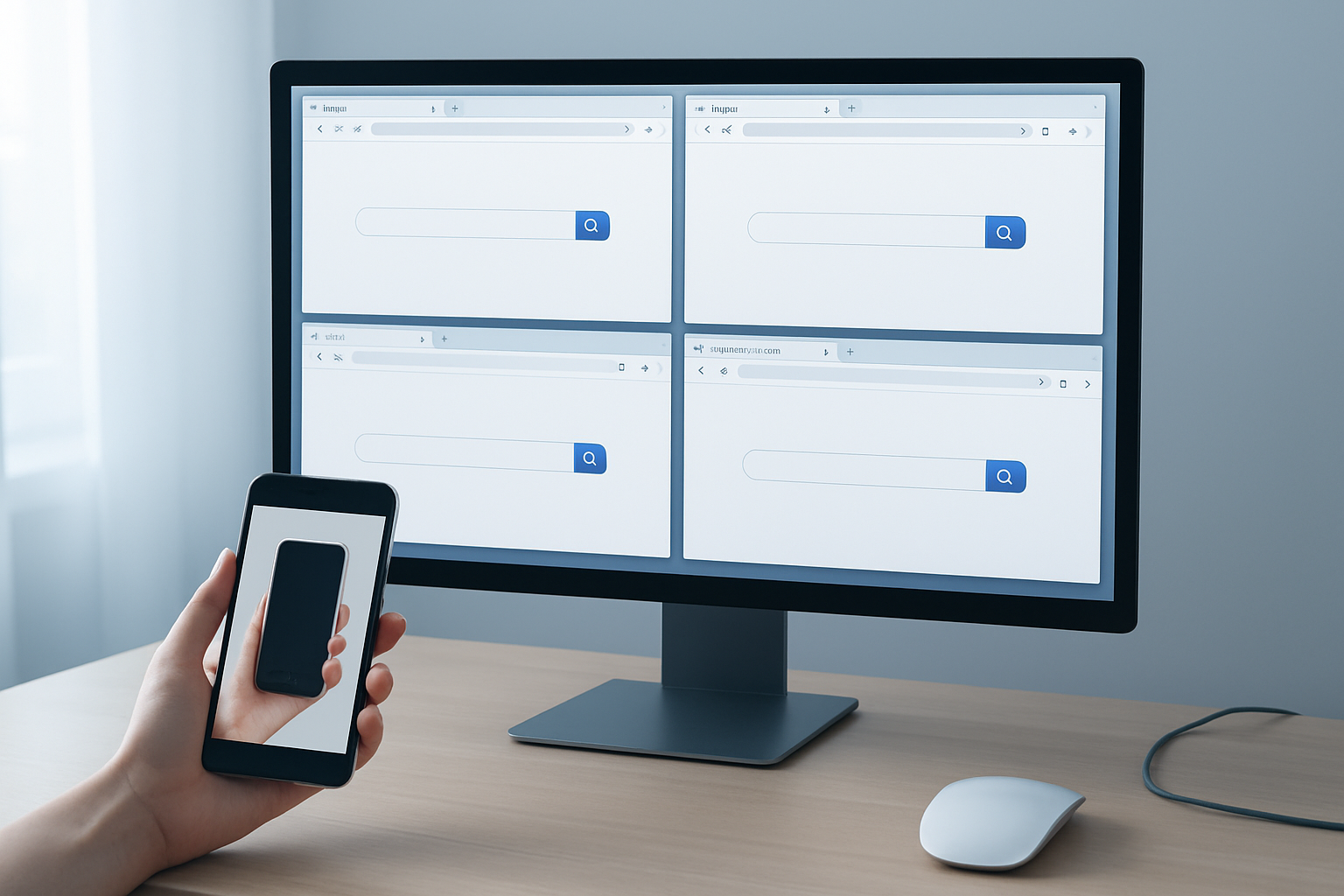 Create a realistic image of a modern computer screen displaying multiple browser tabs with different reverse image search platforms open, showing a smartphone being held by a white female hand next to the monitor with an uploaded photo visible on the phone screen, clean minimalist desk setup with soft natural lighting from a window, professional workspace atmosphere with subtle tech elements like cables and a wireless mouse visible, cool blue and white color palette suggesting digital efficiency and modern search technology, absolutely NO text should be in the scene.