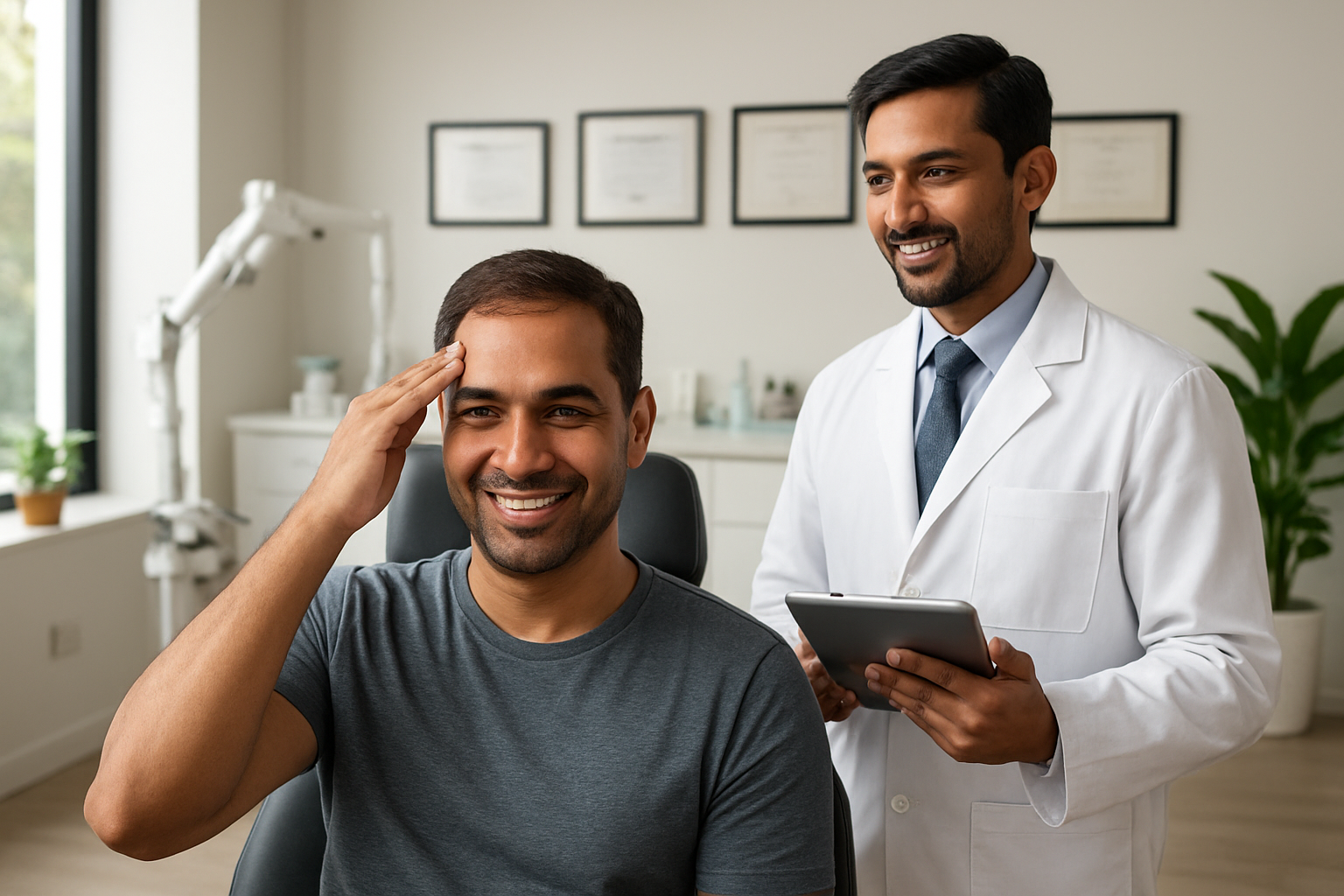 Create a realistic image of a modern, well-lit hair transplant clinic interior in Coimbatore with a satisfied Indian male patient sitting in a comfortable consultation chair, smiling confidently while gently touching his newly transplanted hairline, with a professional Indian male doctor in a white coat standing beside him holding a tablet, the background showing clean medical equipment, certificates on the wall, large windows with natural daylight streaming in, potted plants adding warmth to the sterile environment, creating an atmosphere of trust, success, and professional healthcare excellence, shot with soft natural lighting that highlights the positive outcome and caring medical environment, absolutely NO text should be in the scene.