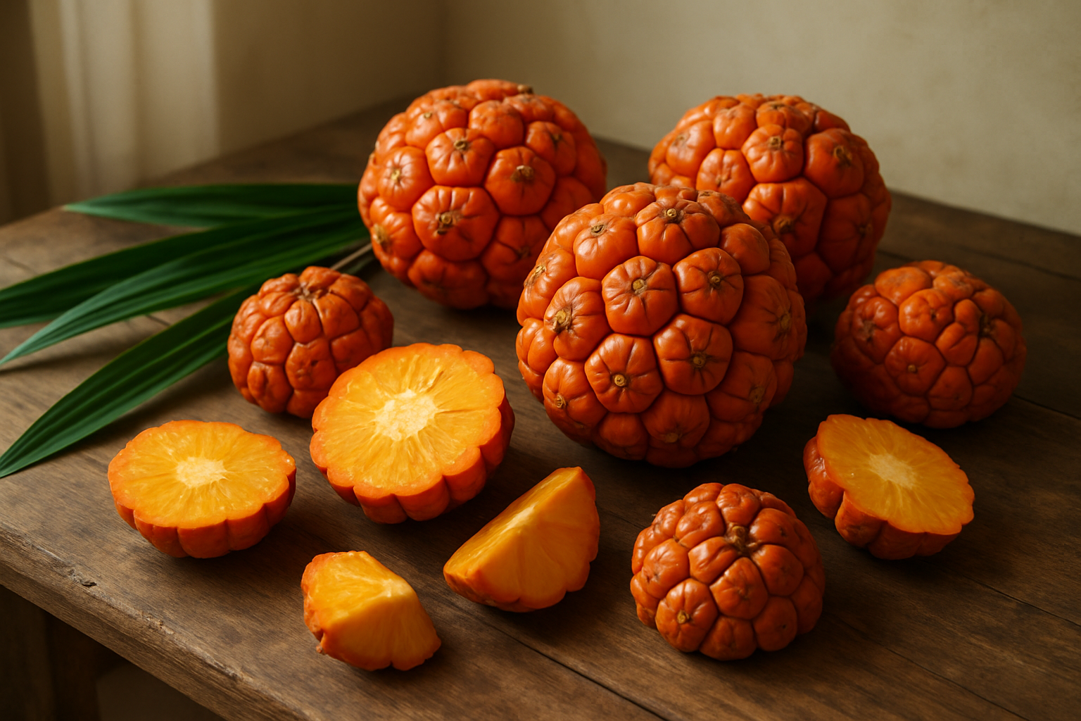 Create a realistic image of a beautifully arranged display featuring whole fresh pandanus fruits with their distinctive segmented orange-red exterior alongside cut sections revealing the inner flesh, scattered around a rustic wooden table with some pandanus leaves as natural decoration, soft natural lighting from a window creating gentle shadows, warm tropical ambiance with a clean minimalist background suggesting completion and comprehensive knowledge about the fruit, absolutely NO text should be in the scene.