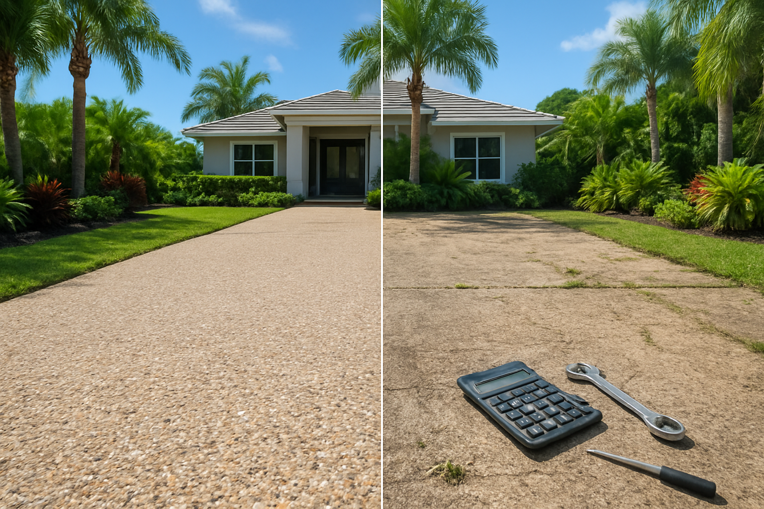 Create a realistic image of an exposed aggregate driveway in excellent condition stretching toward a modern Florida home, with a split-screen visual effect showing one half displaying the pristine driveway with sparkling aggregate stones and clean edges, while the other half shows the same driveway requiring maintenance with some minor wear, weeds growing through cracks, and slightly dulled aggregate surface, surrounded by lush Florida landscaping including palm trees and tropical plants under bright sunny Florida lighting, with a calculator and maintenance tools subtly placed on the driveway surface to represent cost considerations, absolutely NO text should be in the scene.