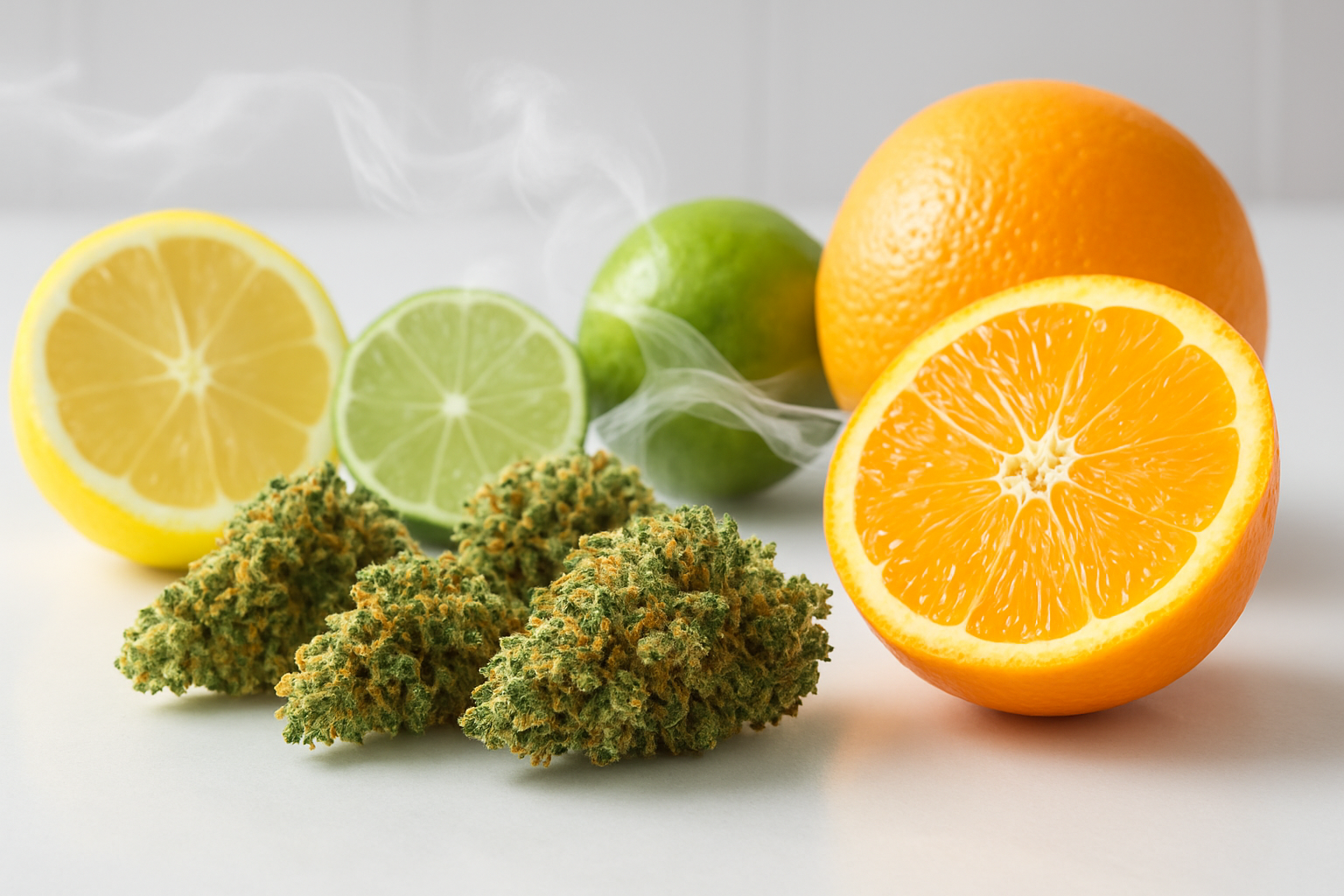 Create a realistic image of fresh cannabis buds with vibrant green and orange hairs arranged next to cut citrus fruits including lemons, limes, and oranges, with aromatic vapor or essence visually flowing between them to show the connection between citrus scents and cannabis terpenes, set against a clean white laboratory or botanical background with soft natural lighting that highlights the textures and colors of both the cannabis flowers and citrus fruits, absolutely NO text should be in the scene.