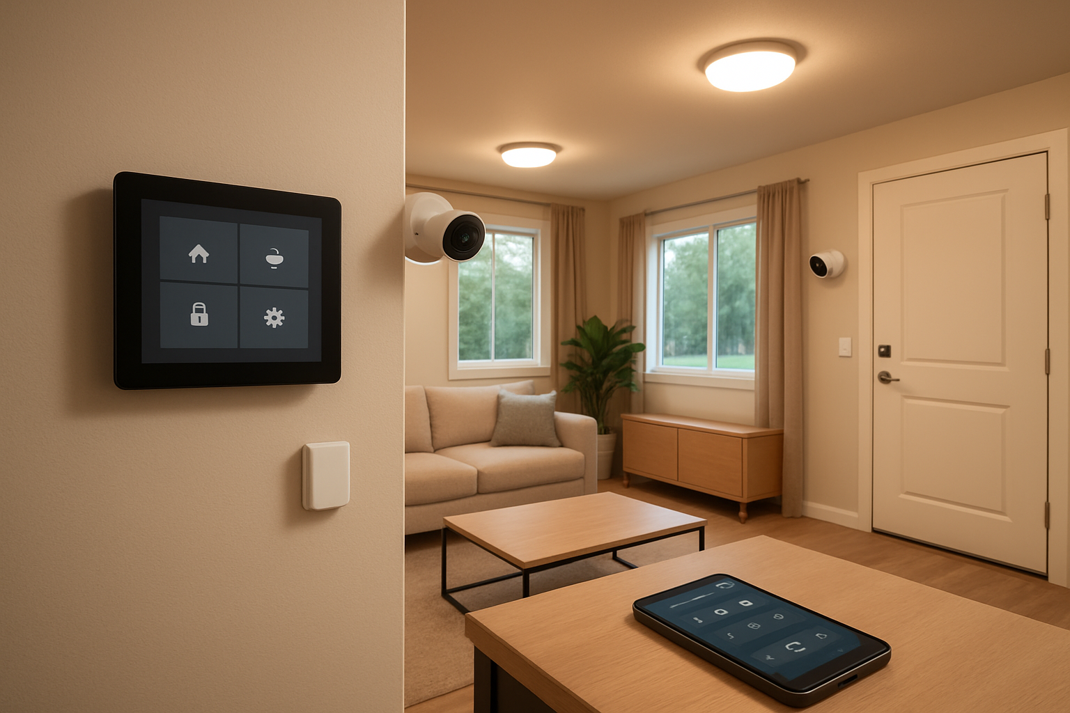 Create a realistic image of a modern mobile home interior showing integrated smart security devices including a sleek wall-mounted control panel, wireless security cameras positioned near windows, smart door sensors on entry points, and a smartphone displaying a security app interface lying on a contemporary coffee table, with clean minimalist furnishing, warm ambient lighting from ceiling fixtures, and a welcoming living space atmosphere that emphasizes the seamless integration of advanced security technology into comfortable mobile home living. Absolutely NO text should be in the scene.