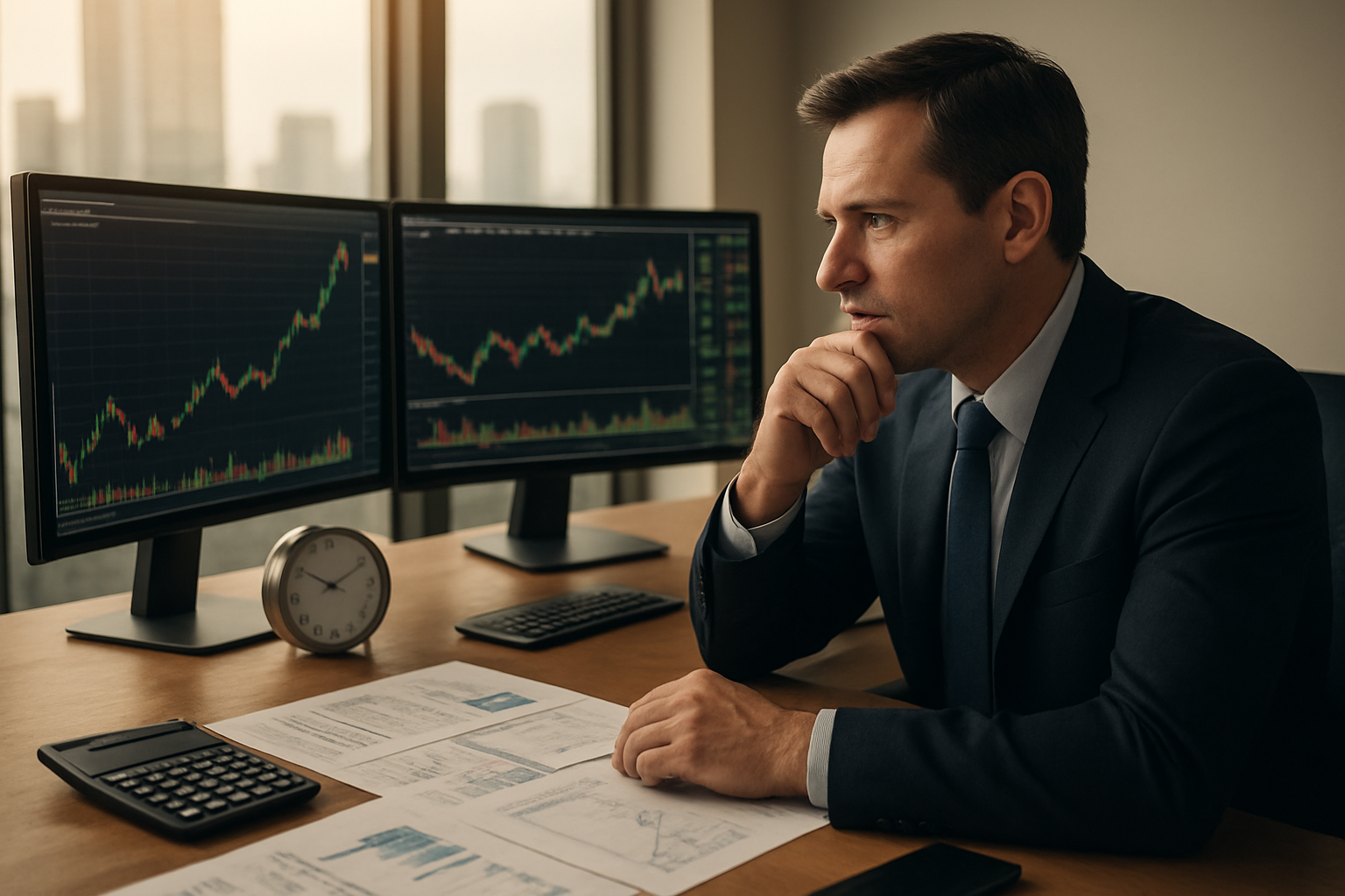 Create a realistic image of a professional white male investor in his 40s sitting at a modern desk with multiple computer monitors displaying real-time stock charts and market data, a sleek analog clock prominently positioned on the desk showing different time zones, financial documents and graphs spread across the workspace, a calculator and smartphone nearby, warm natural lighting from a large window overlooking a city skyline, creating a focused and strategic atmosphere that conveys careful timing and decision-making in investment activities, absolutely NO text should be in the scene.