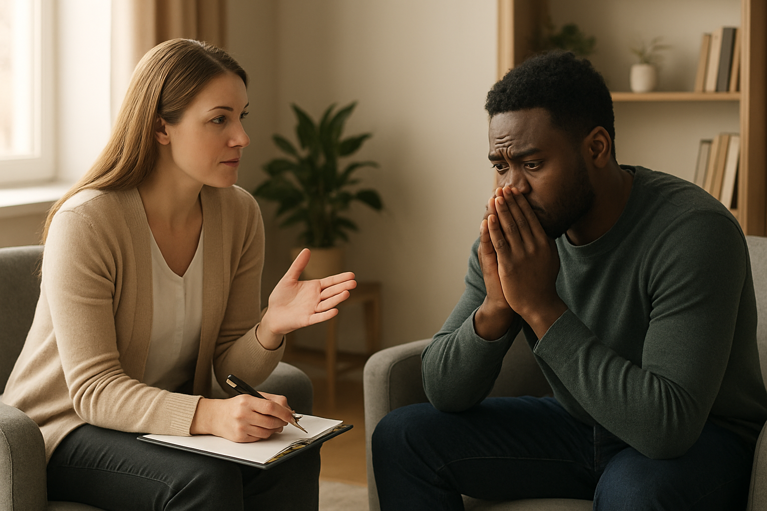 Create a realistic image of a calm white female therapist sitting across from an anxious black male client in a modern, softly-lit therapy office, with the therapist holding a notepad while gesturing thoughtfully as she helps guide the client through cognitive restructuring techniques, featuring warm natural lighting from a nearby window, comfortable seating, and a peaceful atmosphere with subtle therapeutic elements like plants and books in the background, absolutely NO text should be in the scene.