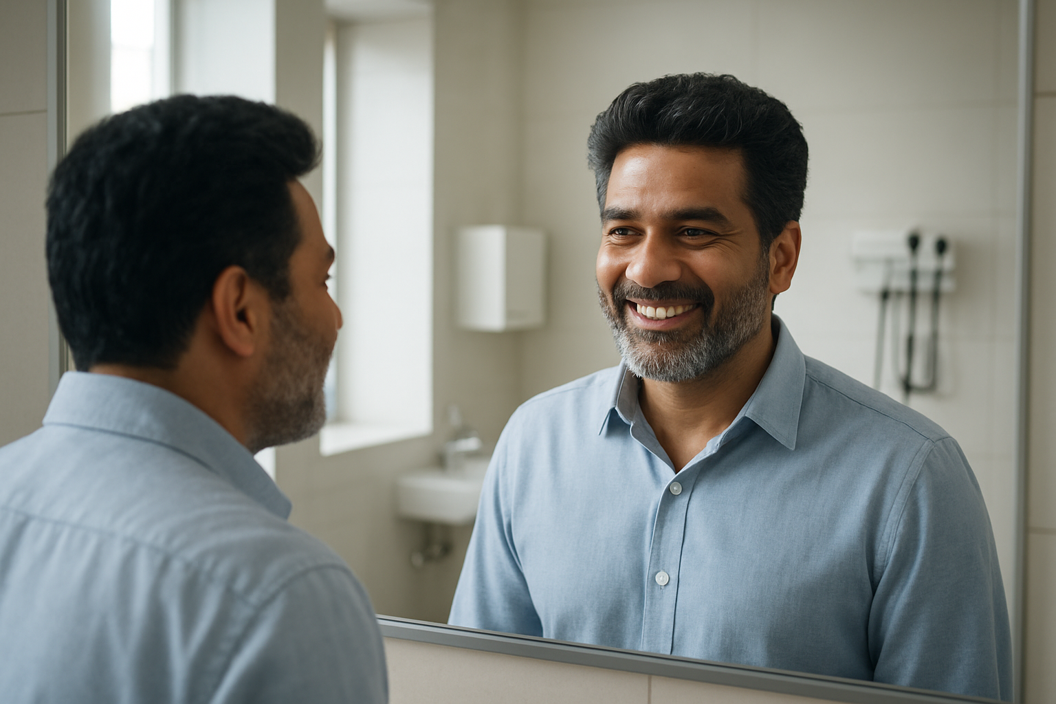 Create a realistic image of a confident middle-aged Indian male with a full head of naturally thick hair smiling warmly while looking in a modern bathroom mirror, with soft natural lighting from a window creating a hopeful and satisfied mood, featuring a clean contemporary medical clinic interior in the background with subtle medical equipment visible, conveying successful hair transplant results and patient satisfaction in Bangalore's premium healthcare setting, absolutely NO text should be in the scene.