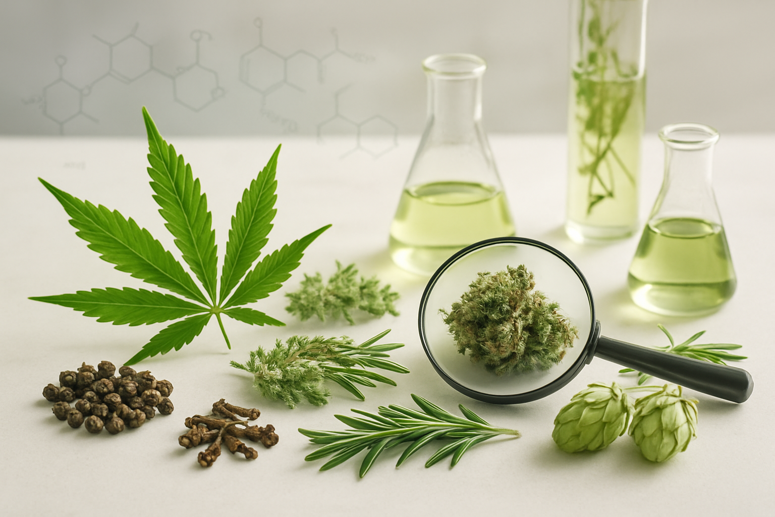 Create a realistic image of fresh cannabis leaves and buds arranged alongside various aromatic herbs and plants including black pepper, cloves, rosemary, and hops, with visible trichomes glistening on the cannabis surfaces, molecular structure diagrams subtly floating in the background showing terpene compounds, soft natural lighting creating gentle shadows, scientific laboratory glassware containing plant extracts positioned nearby, clean white laboratory table surface, professional botanical study atmosphere with magnifying glass highlighting plant details, absolutely NO text should be in the scene.