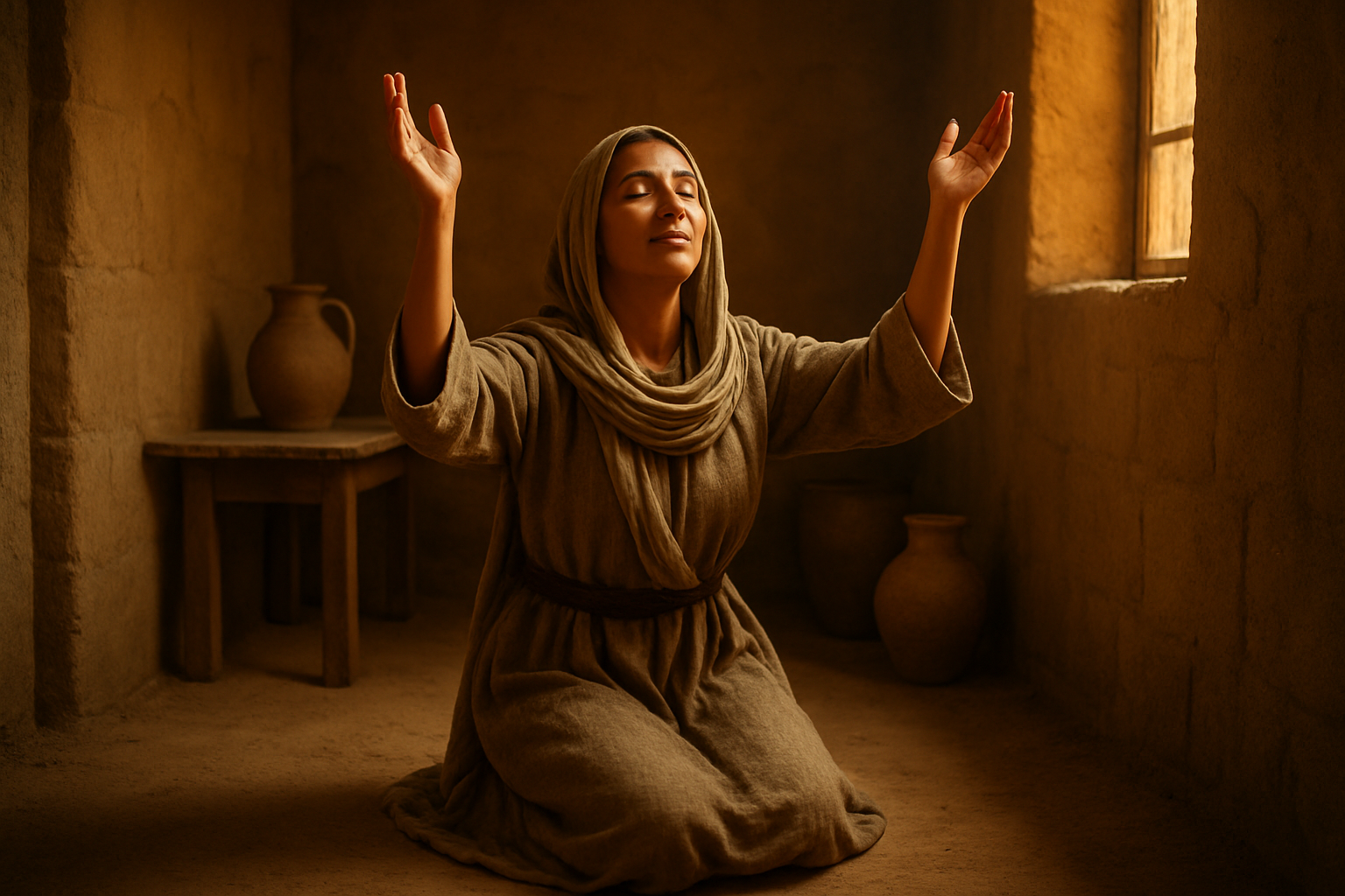 Create a realistic image of a middle-eastern woman in biblical-era clothing kneeling in a posture of prayer and surrender with her arms raised upward and palms open toward heaven, her face showing peaceful acceptance and gratitude, set in a simple ancient temple or home interior with warm golden lighting filtering through a window, clay pottery and simple furnishings visible in the background, conveying a mood of reverence, humility, and spiritual surrender, absolutely NO text should be in the scene.