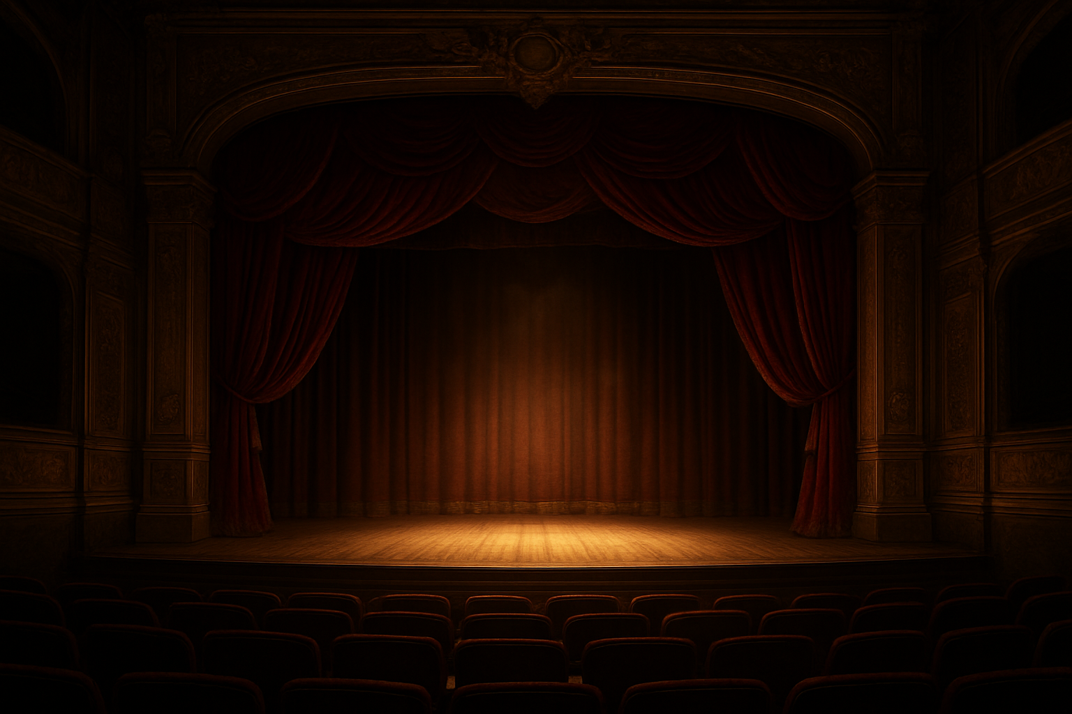 Create a realistic image of a dramatic theater stage viewed from the audience perspective showing the classic proscenium arch framing, with ornate red velvet curtains partially drawn, vintage wooden stage flooring, and warm golden stage lighting illuminating the center stage area, complemented by period-appropriate 17th century French theater architecture with decorative moldings and baroque details, empty theater seats visible in the foreground suggesting the structural importance of dramatic scenes within the overall theatrical production, moody atmospheric lighting with subtle shadows, absolutely NO text should be in the scene.