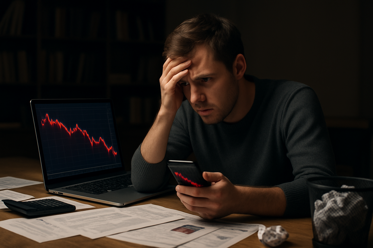 Create a realistic image of a stressed young white male investor sitting at a desk looking overwhelmed while staring at multiple red declining stock charts on his computer screen and smartphone, with scattered financial documents and a calculator on the desk, crumpled papers in a waste basket nearby, dim indoor lighting creating a somber mood in a home office setting with bookshelves in the background, absolutely NO text should be in the scene.