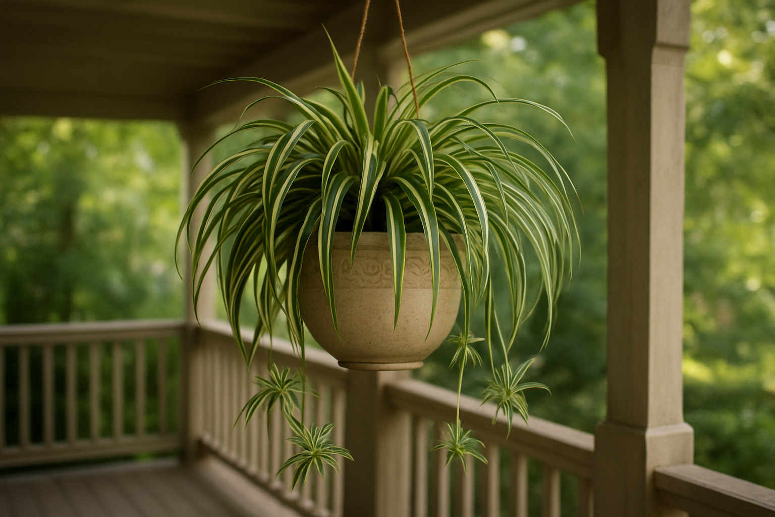 Create a realistic image of a lush spider plant (Chlorophytum comosum) in a decorative hanging basket or ceramic pot on a covered porch, with its characteristic long arching green and white striped leaves cascading down and multiple baby plantlets dangling from runners, surrounded by a peaceful porch setting with wooden railings or columns, soft natural lighting filtering through, creating a serene low-maintenance gardening atmosphere, absolutely NO text should be in the scene.