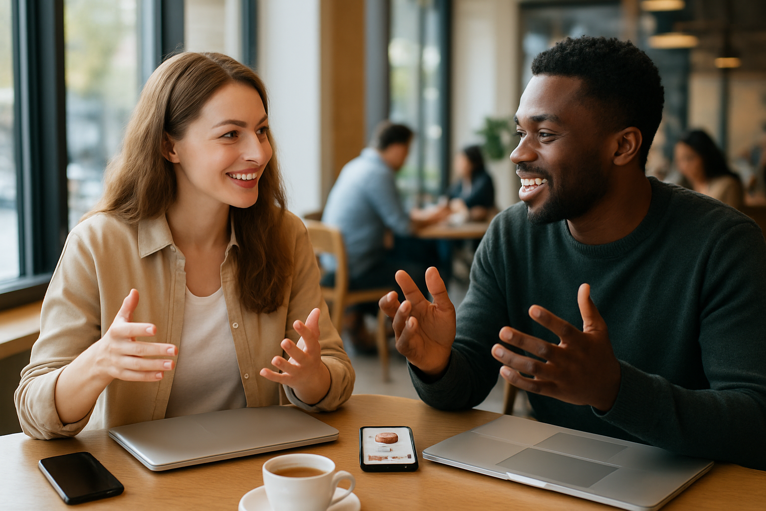 Create a realistic image of two diverse content creators, a white female and a black male, sitting at a modern coffee shop table with laptops open, smartphones displaying Instagram profiles, and hands gesturing in animated discussion, surrounded by a bright, collaborative atmosphere with natural lighting from large windows, other people working in the background, and a warm, professional networking environment that conveys partnership and strategic planning, absolutely NO text should be in the scene.