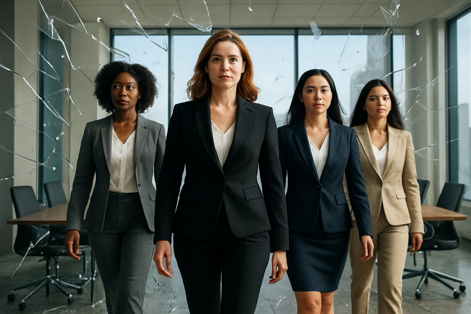 Create a realistic image of a diverse group of professional women of different races (white, black, Asian, Hispanic) in business attire standing confidently in a modern corporate boardroom, breaking through a symbolic glass wall or barrier made of transparent glass shards, with bright natural lighting streaming through large windows, contemporary office furniture and cityscape visible in the background, conveying determination and success as they move forward into leadership positions, absolutely NO text should be in the scene.