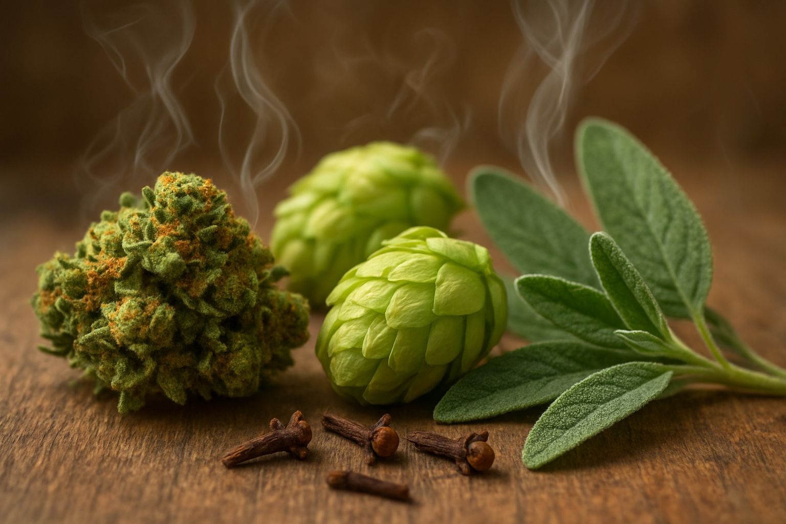 Create a realistic image of fresh cannabis buds, hop cones, and aromatic herbs like sage and cloves arranged together on a natural wooden surface, with visible aromatic vapor or essence wisps gently rising from each plant material, soft natural lighting highlighting the textures and trichomes of the cannabis, the papery scales of the hops, and the detailed leaf structures of the herbs, warm earth-tone background creating a botanical laboratory atmosphere, macro photography style showing intricate plant details, Absolutely NO text should be in the scene.