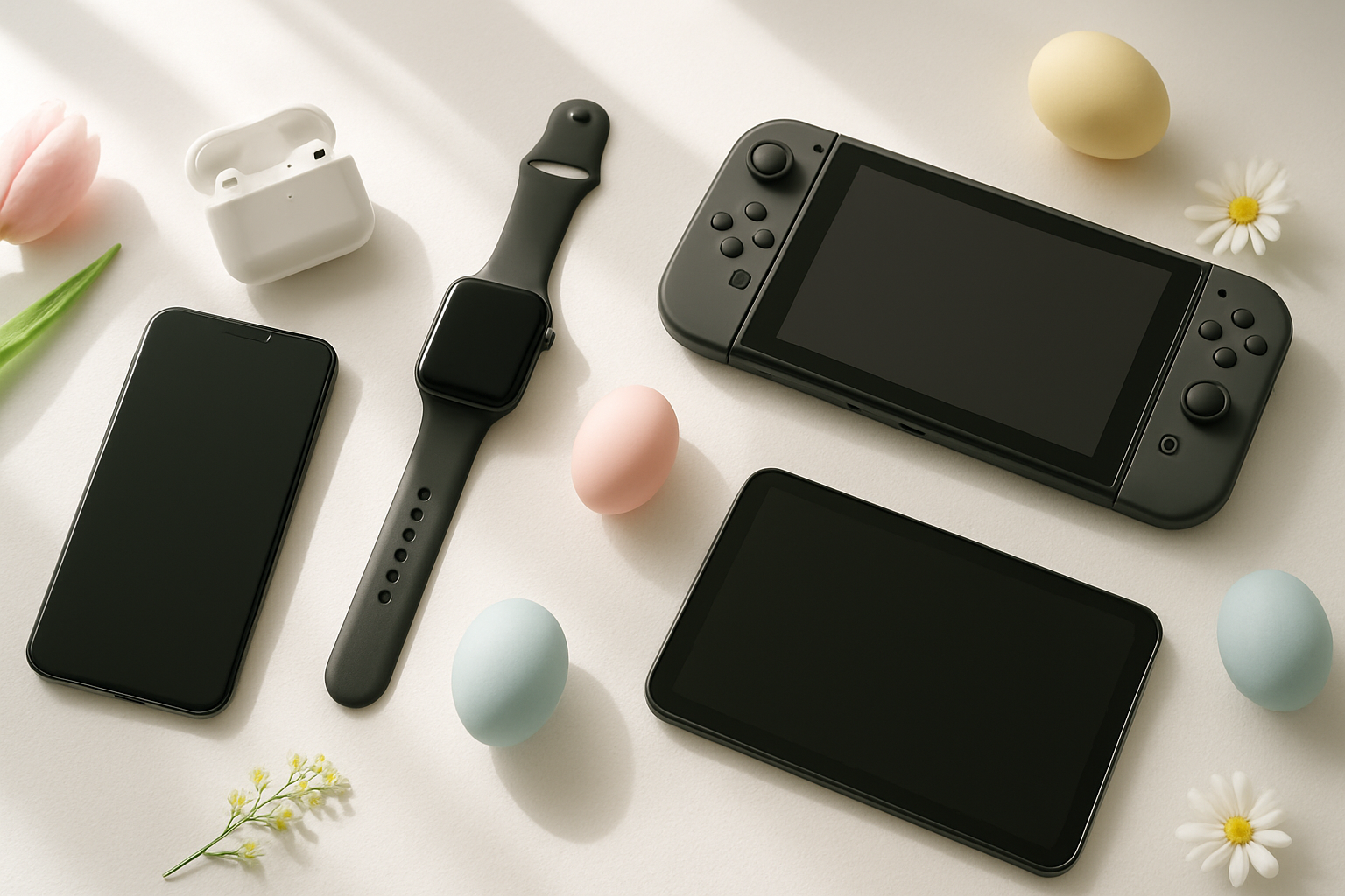 Create a realistic image of modern tech gadgets arranged on a clean white desk surface including wireless earbuds, a smartphone, smartwatch, portable gaming device, and a tablet, with soft natural lighting from a window creating gentle shadows, Easter-themed decorative elements like pastel colored eggs and spring flowers subtly placed around the gadgets, bright and fresh atmosphere suggesting spring season, absolutely NO text should be in the scene.