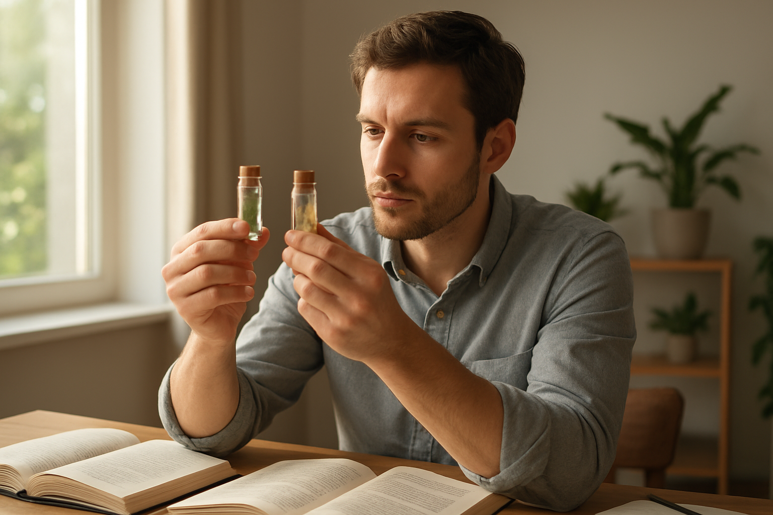 Create a realistic image of a thoughtful white male in his 30s sitting at a wooden desk, carefully comparing two small glass vials containing different plant substances, one hand holding each vial up to natural window light, with open research books and notebooks spread across the desk surface, soft morning sunlight streaming through a large window creating a contemplative atmosphere, clean modern home office setting with plants in the background, the person wearing a casual button-up shirt with a focused yet calm expression as he examines his options, warm natural lighting highlighting the decision-making moment, absolutely NO text should be in the scene.