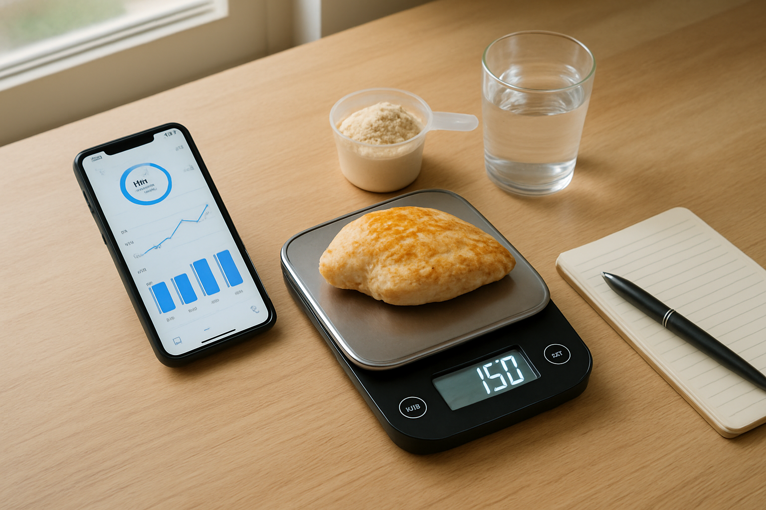 Create a realistic image of a fitness tracking setup on a clean wooden desk featuring a smartphone displaying a nutrition app with protein tracking graphs and charts, a digital food scale with cooked chicken breast being weighed, a measuring cup with protein powder, a handwritten food journal with a pen, and a glass of water, all arranged in good natural lighting from a nearby window, creating a organized and motivational atmosphere for monitoring protein intake progress, absolutely NO text should be in the scene.