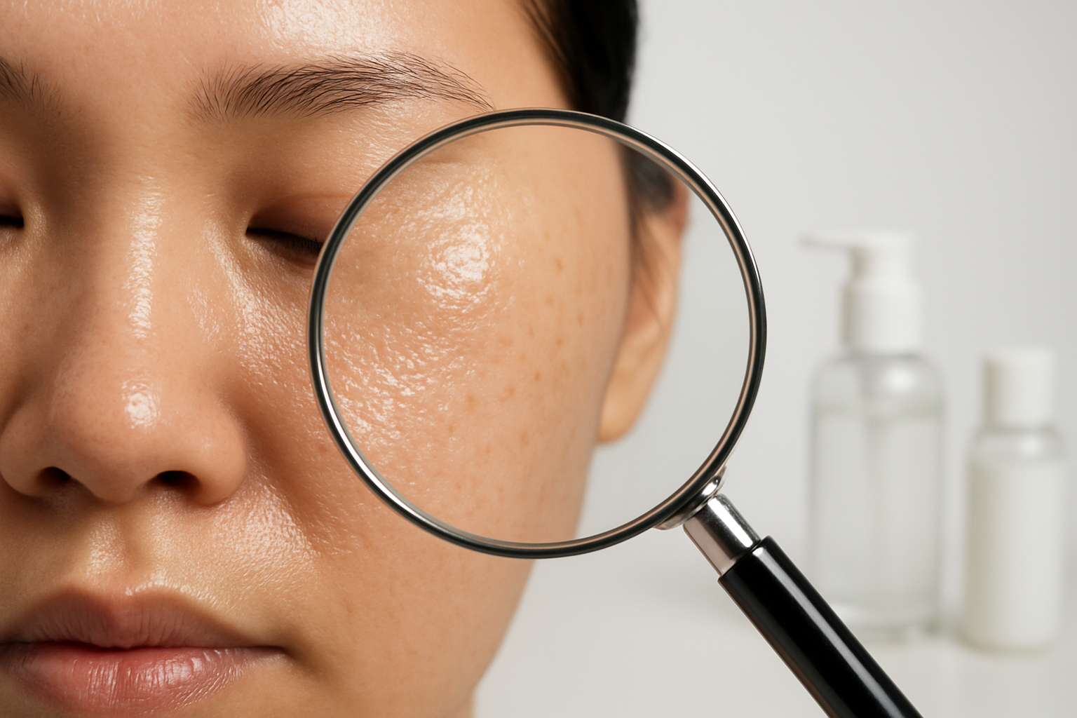 Create a realistic image of a close-up view of facial skin showing visible oil and shine, particularly in the T-zone area, with a magnifying glass positioned nearby revealing enlarged pores and excess sebum production, set against a clean white background with soft, even lighting that highlights the skin's texture and oily characteristics, including small bottles of gentle face wash products subtly placed in the background, captured in a clinical yet educational style that emphasizes skincare science and understanding. Absolutely NO text should be in the scene.