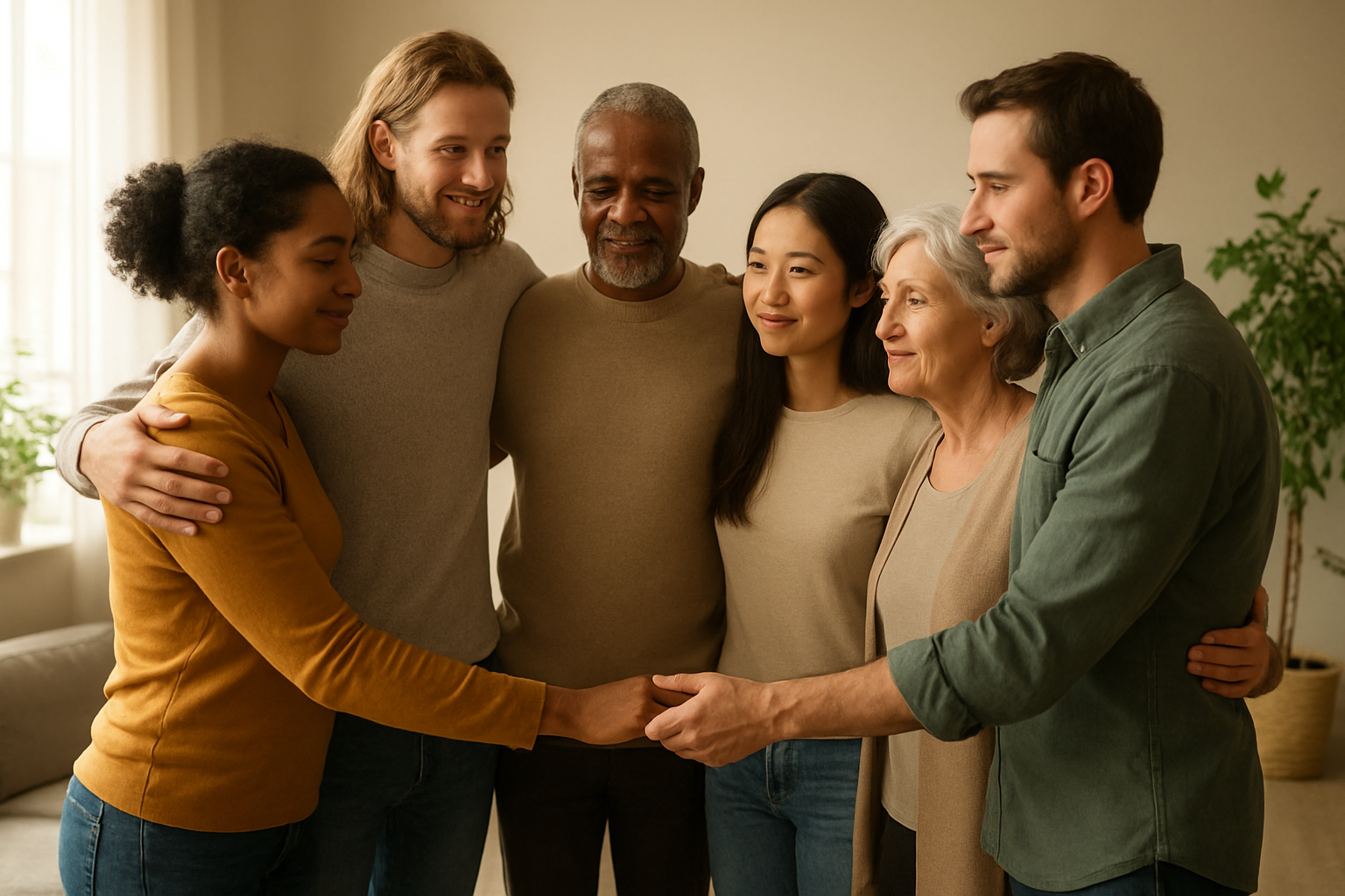 Create a realistic image of a diverse group of people of different ages, races, and genders standing together in a supportive circle, with a warm, uplifting atmosphere, soft natural lighting from a window, showing expressions of acceptance, hope, and emotional strength, in a modern, comfortable counseling or support group room with neutral colors, plants in the background, representing healing, community, and resilience in overcoming personal challenges, absolutely NO text should be in the scene.