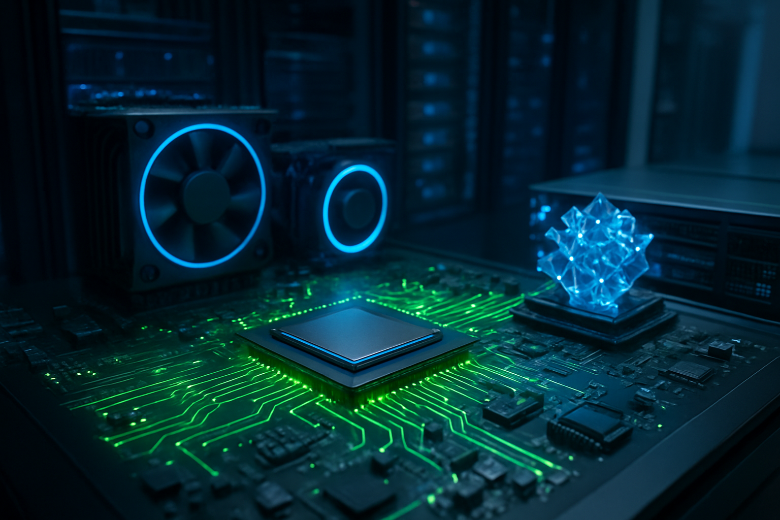 Create a realistic image of advanced computer processors and microchips with glowing green energy-efficient circuits, surrounded by futuristic cooling systems with blue LED lights, quantum computing components with crystalline structures, and sleek server hardware in a modern data center environment, with soft ambient lighting highlighting the technological breakthrough elements, creating an innovative and cutting-edge atmosphere that represents revolutionary energy-saving computing technology, absolutely NO text should be in the scene.