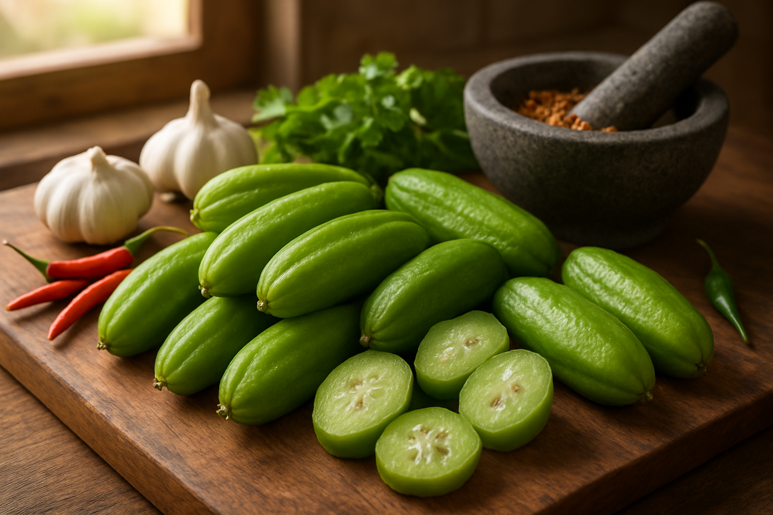 Create a realistic image of fresh bilimbi fruits arranged on a wooden cutting board with some sliced pieces showing the translucent flesh and seeds, alongside traditional Asian cooking ingredients like garlic, chili peppers, and herbs, with a mortar and pestle containing crushed spices, set in a warm kitchen environment with natural lighting from a window, capturing the vibrant green color and distinctive cucumber-like shape of the bilimbi fruits, absolutely NO text should be in the scene.