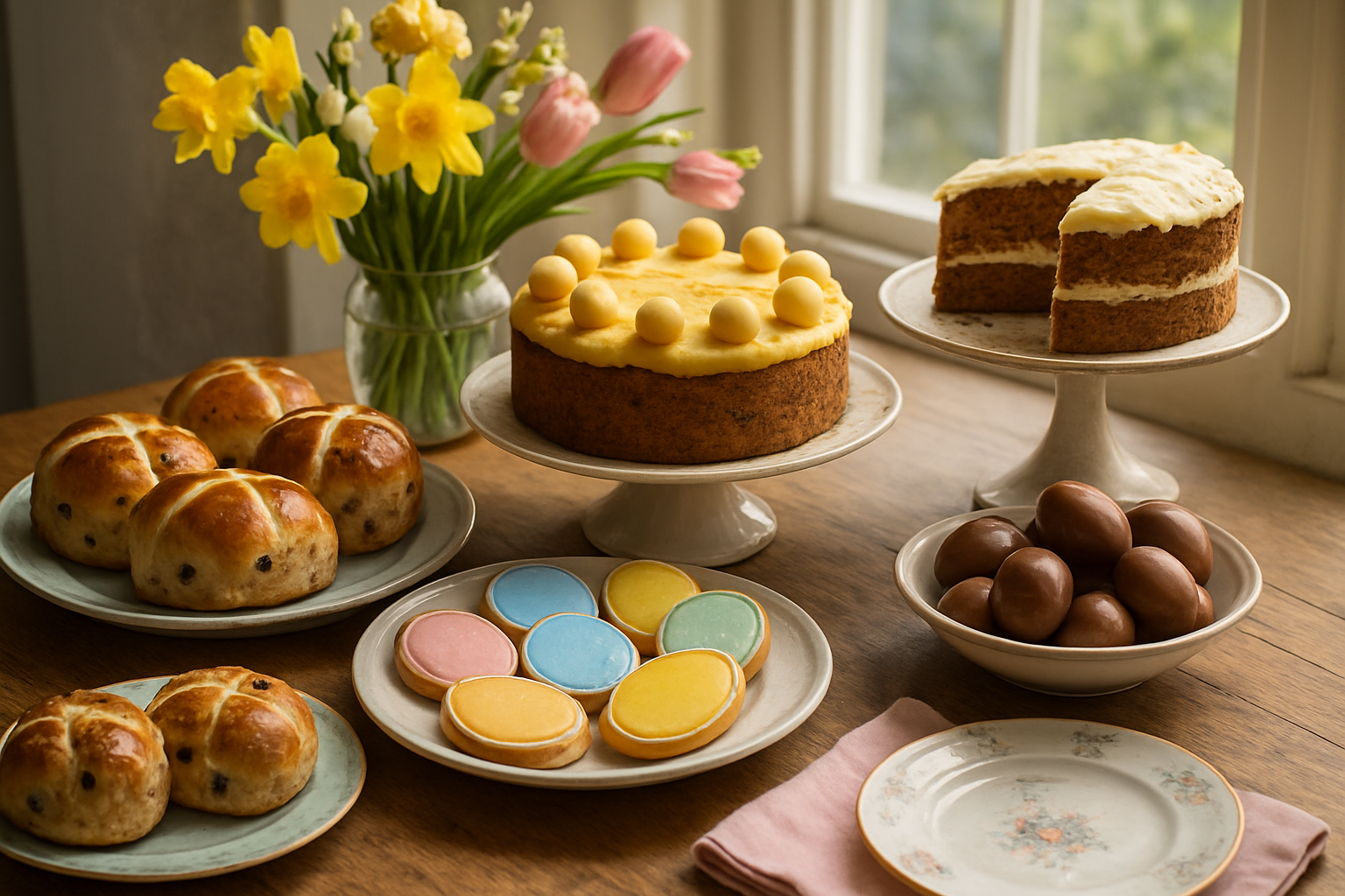 Create a realistic image of an elegant Easter dessert spread featuring traditional treats including hot cross buns with visible currants, colorful Easter egg-shaped cookies, a golden simnel cake decorated with marzipan balls, chocolate Easter eggs, and carrot cake slices arranged on vintage serving platters and cake stands, set on a rustic wooden table with soft natural lighting from a nearby window, surrounded by fresh spring flowers like daffodils and tulips, pastel-colored napkins, and delicate china plates, creating a warm and festive Easter celebration atmosphere, absolutely NO text should be in the scene.