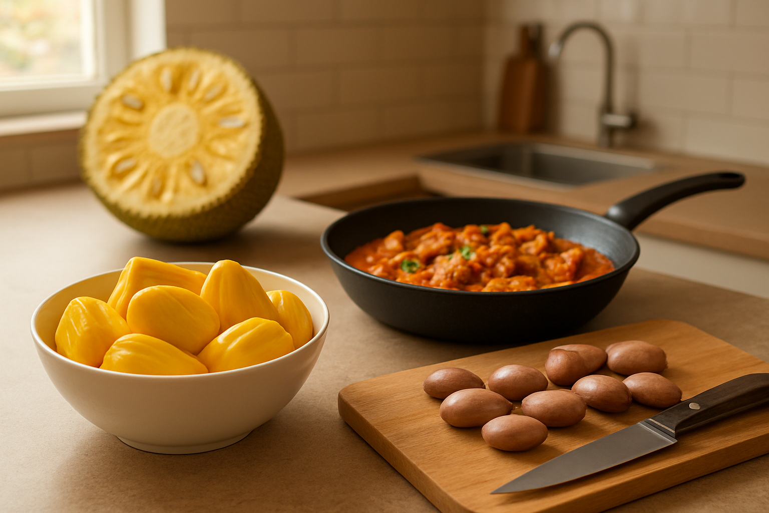 Create a realistic image of a kitchen counter scene showing various prepared jackfruit dishes including fresh yellow jackfruit segments in a white bowl, cooked jackfruit curry in a pan, and jackfruit seeds on a cutting board, with kitchen utensils like a knife and wooden spoon nearby, warm natural lighting from a window, clean modern kitchen background with subtle warm tones, Absolutely NO text should be in the scene.