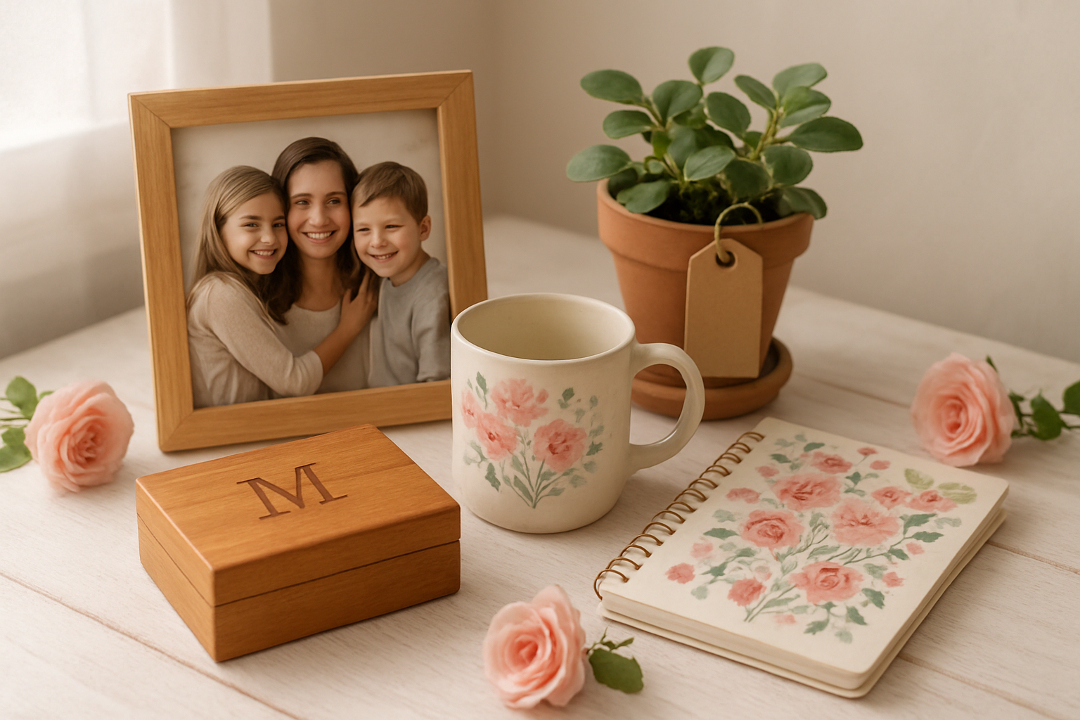 Create a realistic image of a beautifully arranged collection of personalized Mother's Day gifts on a soft white wooden table, including a custom photo frame with a family picture, a personalized jewelry box with engraved initials, a hand-painted ceramic mug, a custom notebook with floral cover design, and a small potted plant with a handmade tag, all surrounded by delicate pink roses and soft natural lighting from a nearby window creating warm shadows, conveying a thoughtful and loving atmosphere, absolutely NO text should be in the scene.