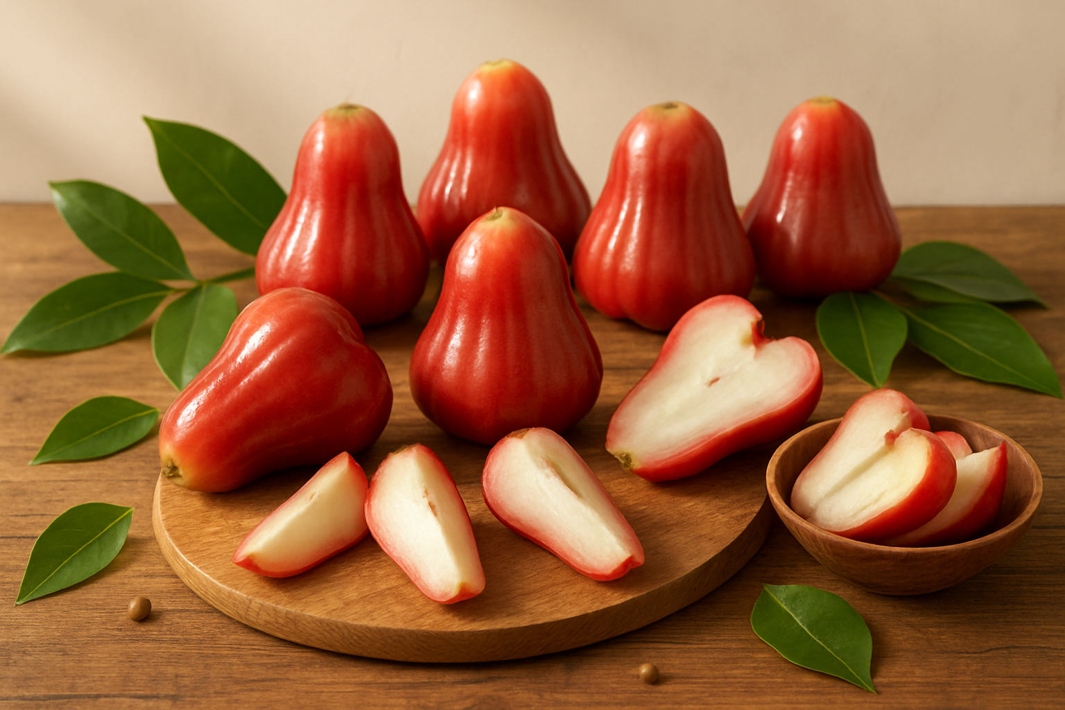 Create a realistic image of a beautifully arranged display of fresh rose apples on a rustic wooden table, featuring whole fruits with their characteristic bell or pear-like shape and glossy pink-red skin alongside cut rose apples revealing their crisp white flesh, surrounded by scattered rose apple leaves and small decorative elements like a wooden cutting board with sliced pieces, a small bowl, and natural lighting streaming from the side creating soft shadows, all set against a clean, neutral background with warm, inviting tones that convey freshness and culinary appeal, absolutely NO text should be in the scene.