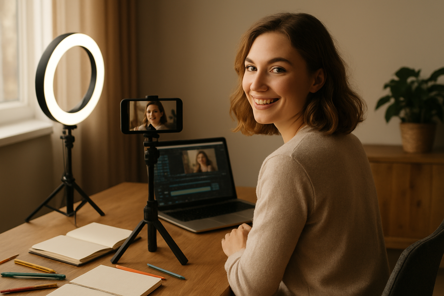 Create a realistic image of a young white female content creator sitting at a modern desk in her home studio workspace, looking over her shoulder with a warm smile while filming herself with a smartphone on a tripod, showing the authentic behind-the-scenes process of content creation with creative materials scattered around including notebooks, pens, ring light equipment, and a laptop displaying editing software, captured in natural warm lighting from a nearby window, conveying an intimate and genuine atmosphere of the creative process. Absolutely NO text should be in the scene.