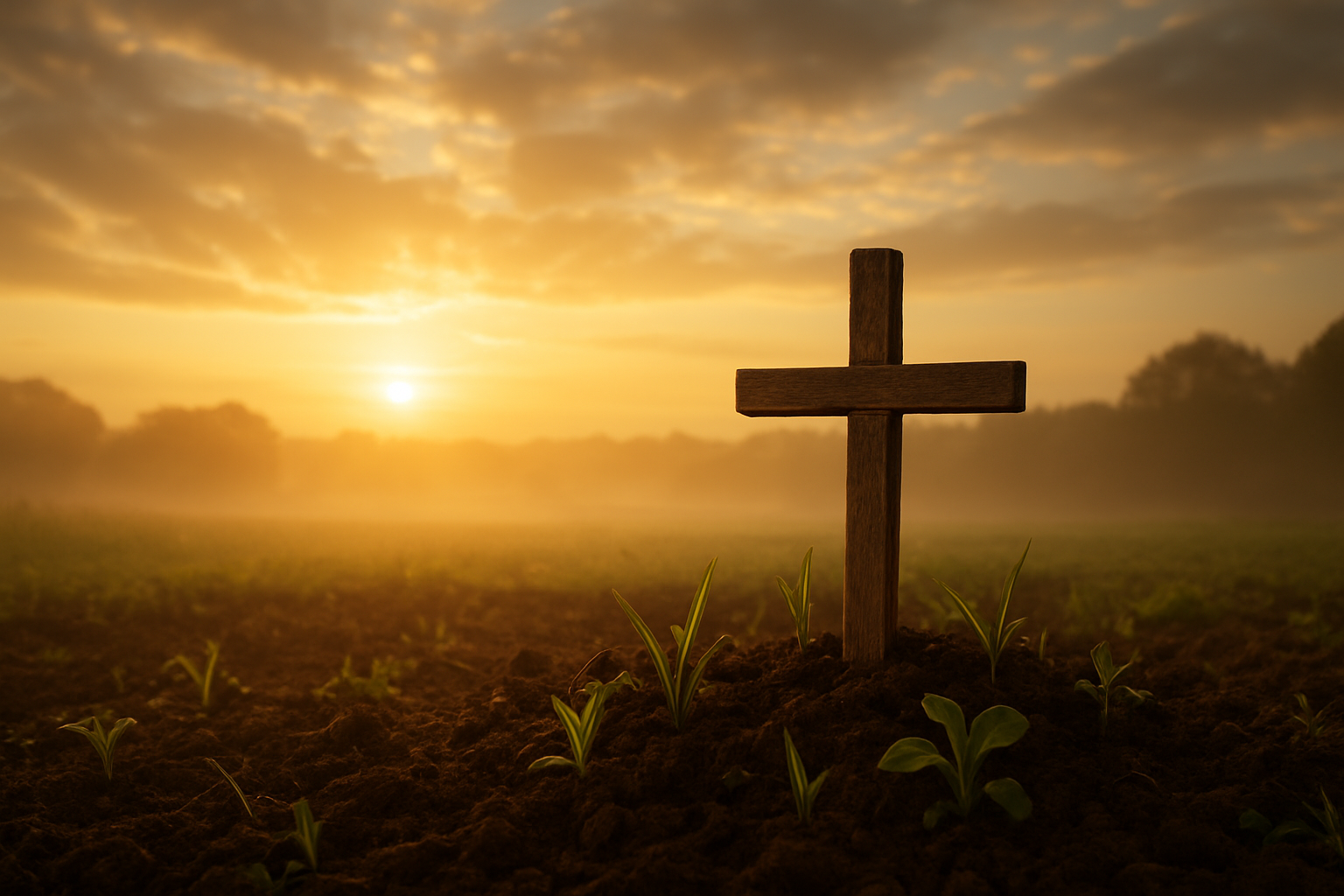Create a realistic image of a peaceful sunrise scene with golden sunlight breaking through soft clouds over a serene landscape, featuring a small wooden cross planted in fertile soil with fresh green shoots and young plants growing around its base, symbolizing spiritual renewal and new growth, with gentle morning mist in the background and warm, hopeful lighting that conveys strength and divine promise, absolutely NO text should be in the scene.