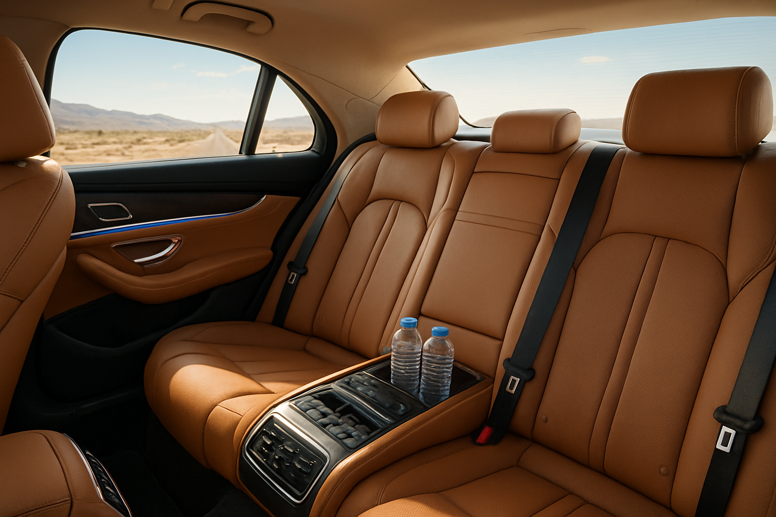 Create a realistic image of a luxurious car interior during a daytime journey showing premium leather seats with built-in massage controls, individual climate control panels, USB charging ports, bottled water in cup holders, adjustable headrests, and ambient LED lighting, with sunlight streaming through tinted windows revealing a desert highway landscape outside, capturing a serene and comfortable travel atmosphere, absolutely NO text should be in the scene.