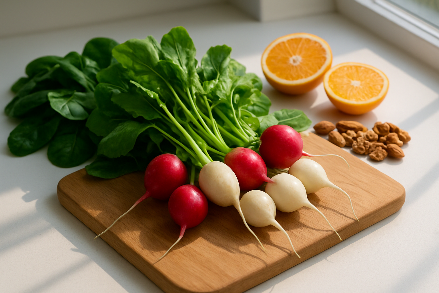 Create a realistic image of fresh red and white radishes arranged on a wooden cutting board with vibrant green leafy tops still attached, alongside colorful nutrient-rich foods like spinach leaves, orange slices, and nuts, displayed on a clean white kitchen counter with natural sunlight streaming through a nearby window creating soft shadows, emphasizing the wholesome and healthy nature of these nutritious vegetables in a bright, inviting atmosphere. Absolutely NO text should be in the scene.