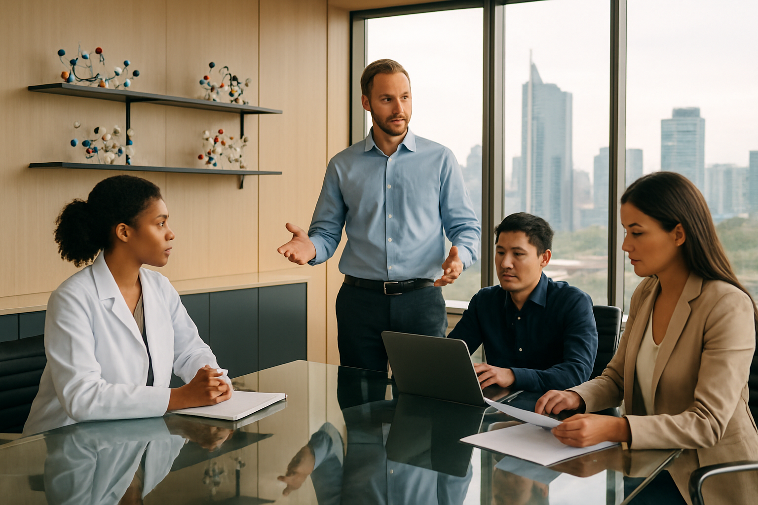 Create a realistic image of a diverse group of professionals in a modern biotech office conference room during a team meeting, featuring a white male founder at the head of a glass table presenting to potential team members including a black female scientist in a lab coat, an Asian male data analyst with a laptop, and a Hispanic female business strategist reviewing documents, with sleek modern furniture, large windows showing a city skyline, warm natural lighting, molecular structure models on shelves, and an atmosphere of collaboration and innovation, absolutely NO text should be in the scene.