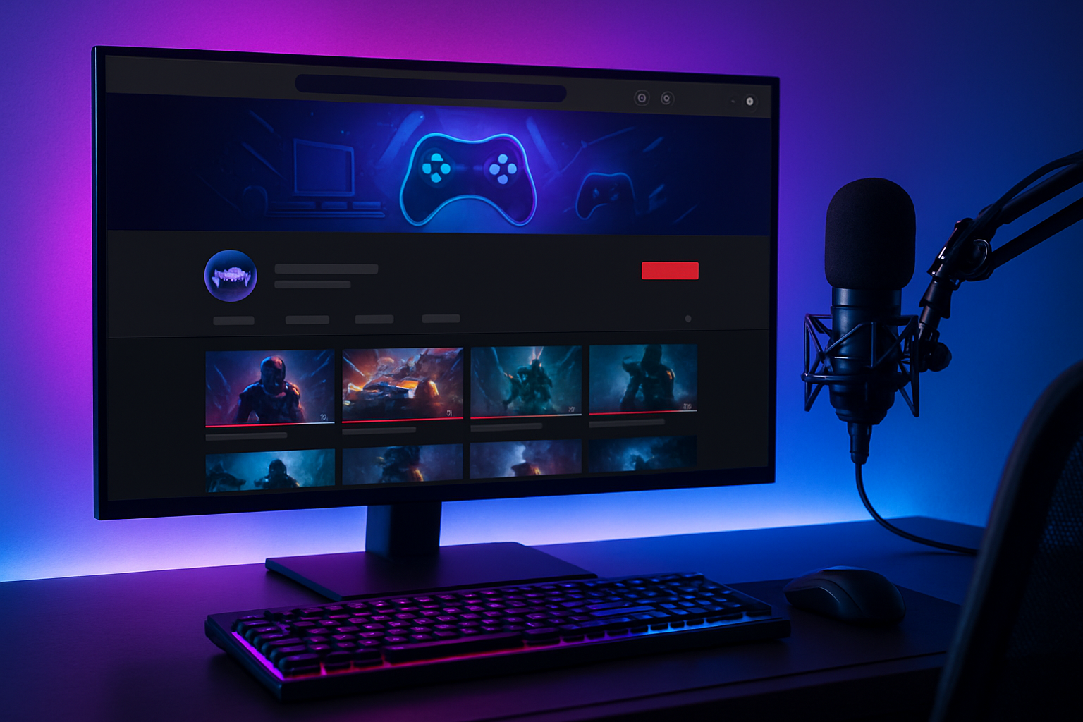 Create a realistic image of a modern computer setup showing a professional gaming YouTube channel interface on a large monitor, featuring a sleek channel banner with gaming graphics, organized video thumbnails in a grid layout, a polished channel avatar, and a clean workspace with RGB gaming keyboard, professional microphone, and LED lighting creating a vibrant purple and blue ambiance. Absolutely NO text should be in the scene.