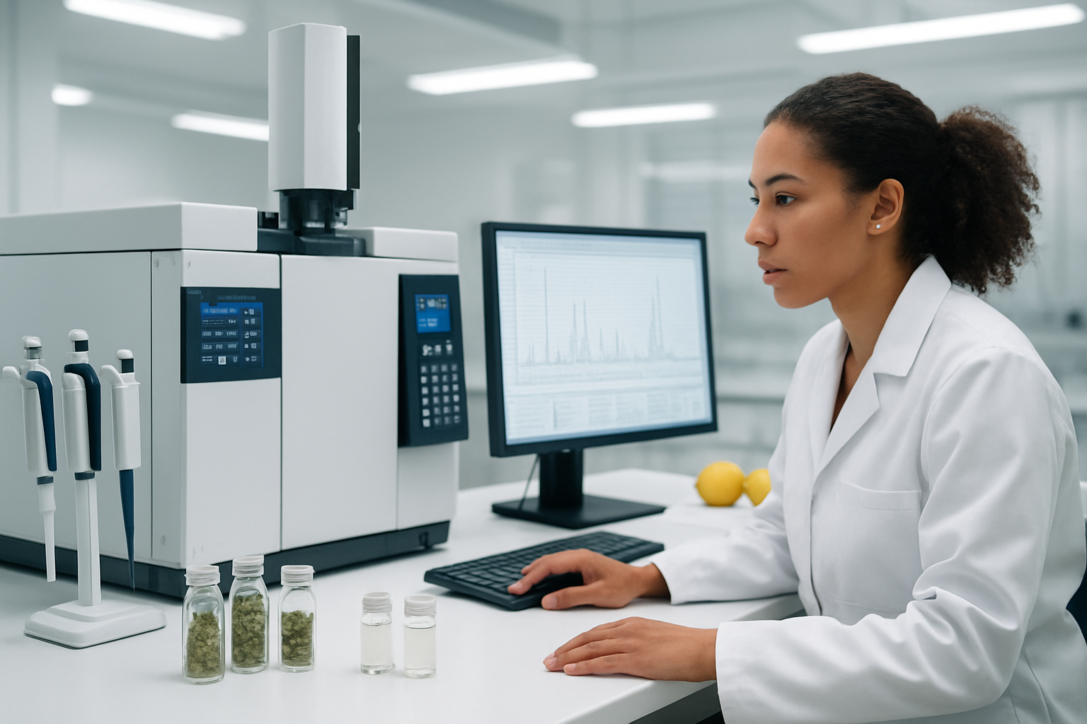 Create a realistic image of a modern cannabis testing laboratory with scientific equipment for measuring terpenes, featuring a gas chromatography machine with digital displays showing analytical data, glass vials containing cannabis samples and clear liquid extracts, a laboratory technician of mixed race female wearing a white lab coat examining test results on a computer monitor, precision measuring instruments and pipettes on a clean white laboratory bench, bright fluorescent lighting creating a sterile professional atmosphere, with citrus fruits like lemons and oranges subtly placed in the background to represent limonene, absolutely NO text should be in the scene.