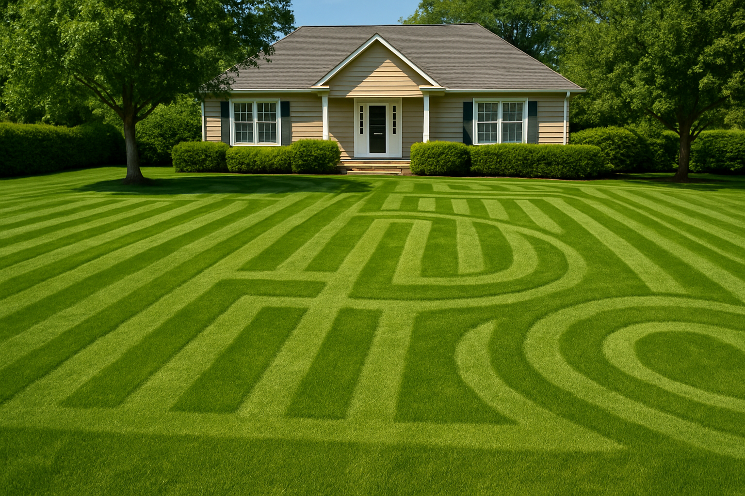 Create a realistic image of a well-maintained suburban lawn with clearly defined mowing strips or pathways marked out in different patterns, showing straight lines, curves, and geometric designs drawn or marked on the grass surface, with a backdrop of a typical residential house, green hedges, and trees, under bright daylight with clear lighting that emphasizes the planned mowing pattern layout on the grass, absolutely NO text should be in the scene.