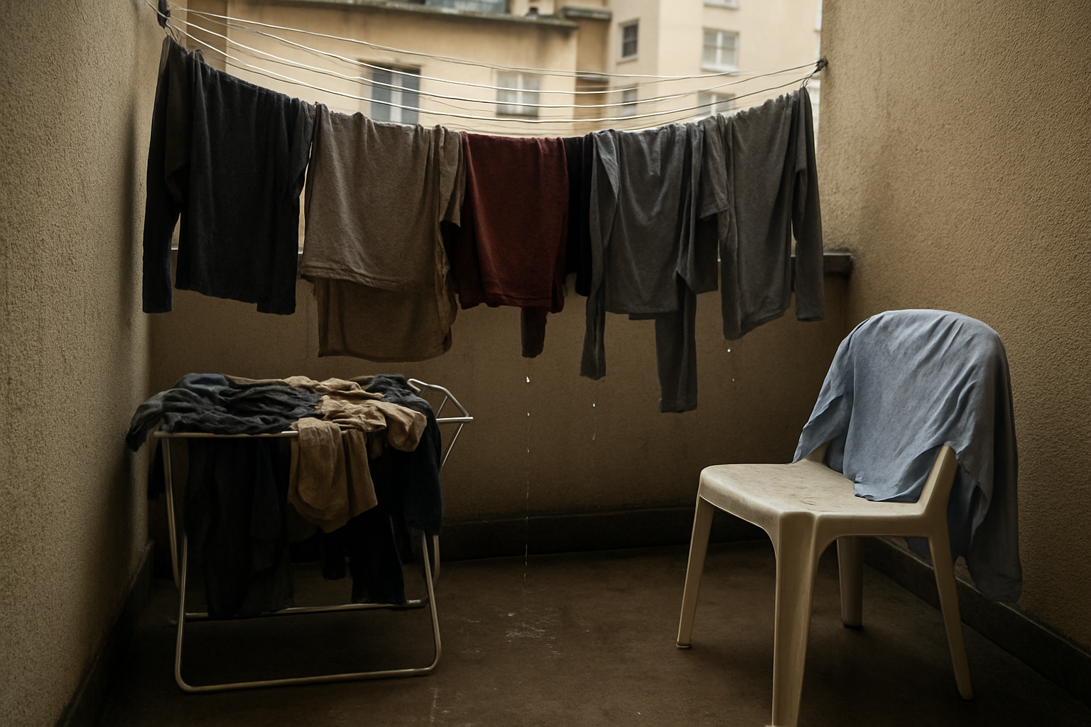 Create a realistic image of a small apartment balcony with wet clothes hanging on an overloaded retractable clothesline that's sagging under the weight, with some clothes dripping water onto the floor, a small drying rack overcrowded with damp garments blocking the narrow walkway, and a single shirt hanging from a plastic chair, showing the frustrating reality of inadequate drying solutions in cramped spaces, captured during overcast daylight with poor air circulation, absolutely NO text should be in the scene.