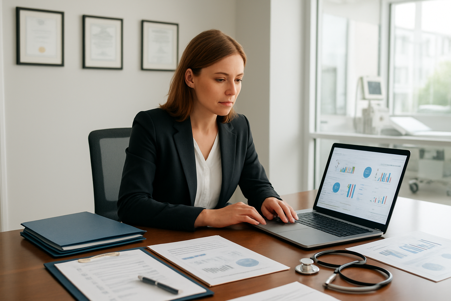 Create a realistic image of a modern hospital evaluation scene showing a white female healthcare administrator in professional attire sitting at a polished conference table with multiple folders, documents, and a laptop displaying hospital statistics and charts, surrounded by medical certification plaques on the wall, a stethoscope, clipboard with checklists, and quality assessment documents spread across the table, with a bright, clean office environment featuring large windows with natural lighting, medical equipment visible in the background, and the overall atmosphere conveying professionalism and careful decision-making process, absolutely NO text should be in the scene.