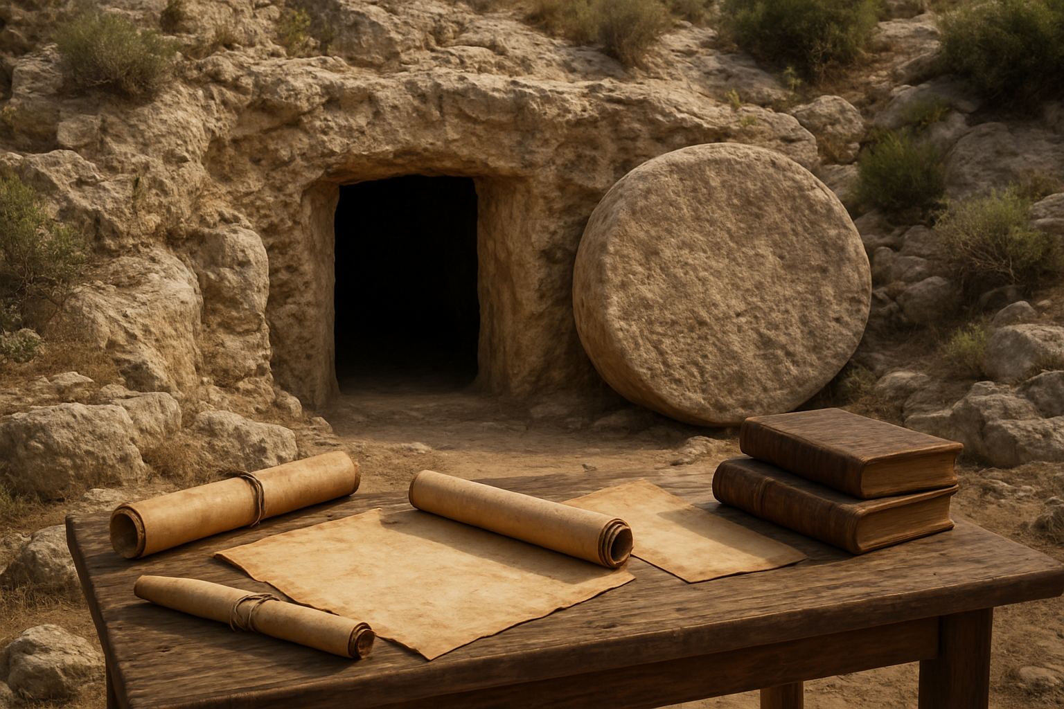 Create a realistic image of an ancient stone tomb entrance carved into a hillside with the large circular stone rolled away to the side, revealing the dark empty interior, surrounded by weathered limestone rocks and sparse Mediterranean vegetation, with ancient scrolls, parchments, and old leather-bound books scattered on a wooden table in the foreground suggesting historical documentation and research, under soft natural lighting that illuminates the scene with a scholarly and archaeological atmosphere, absolutely NO text should be in the scene.