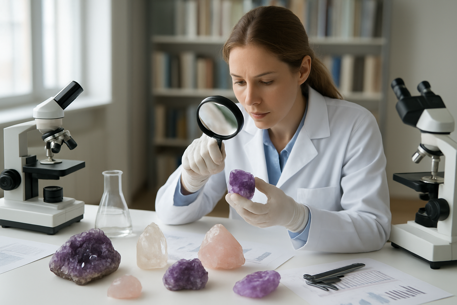 Create a realistic image of a scientific laboratory setting with various colorful crystals (amethyst, quartz, rose quartz) arranged on a clean white lab table alongside scientific equipment including microscopes, measuring instruments, and research papers scattered around, with a white female scientist in a lab coat examining a crystal specimen under a magnifying glass, soft natural lighting from large windows creating a professional research atmosphere, with bookshelves containing scientific journals visible in the blurred background, absolutely NO text should be in the scene.